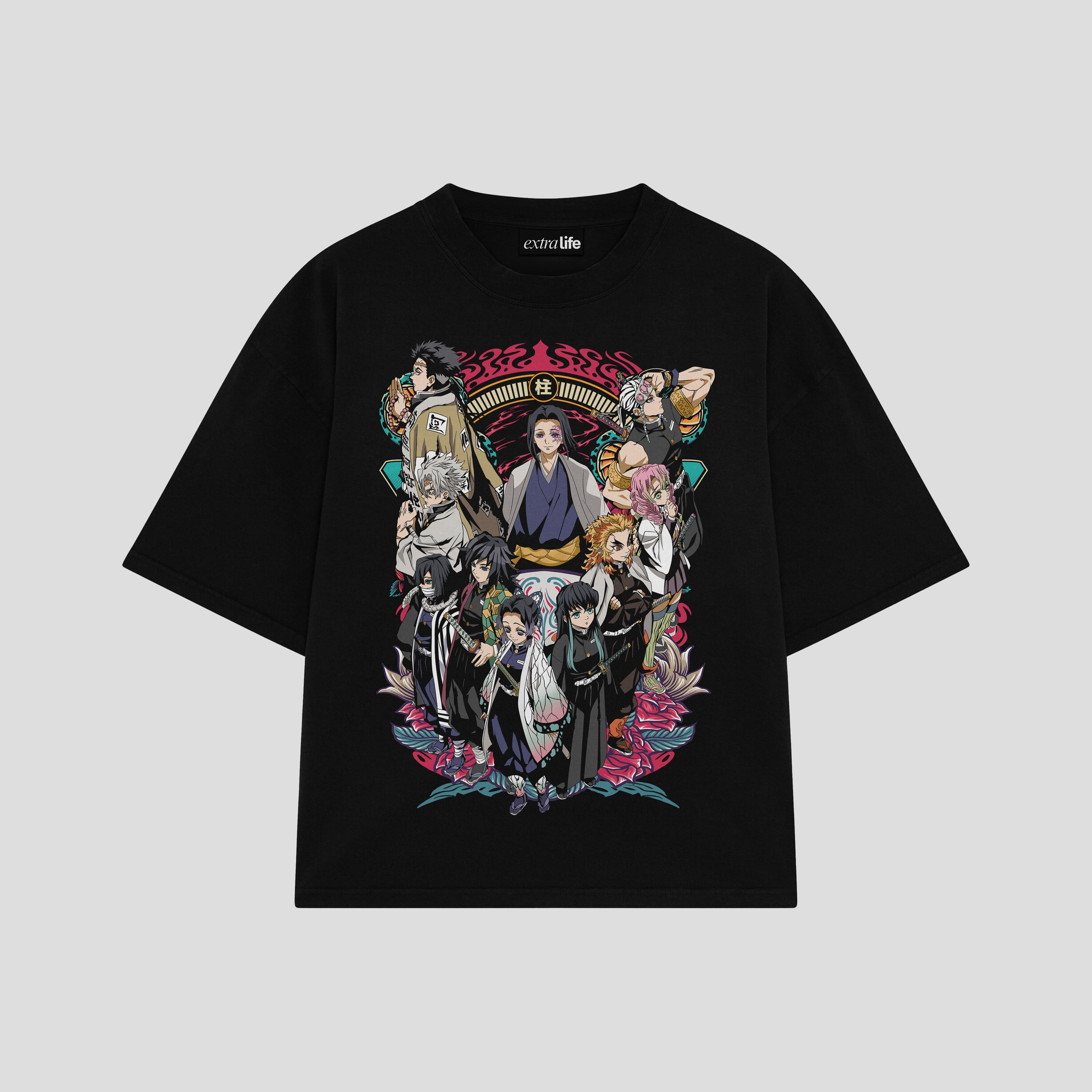 Playera streetwear premium de anime y gaming ExtraLife MX, corte boxy oversized drop shoulder heavyweight en color Deep Black y Off-White, moda urbana mexicana de culto.