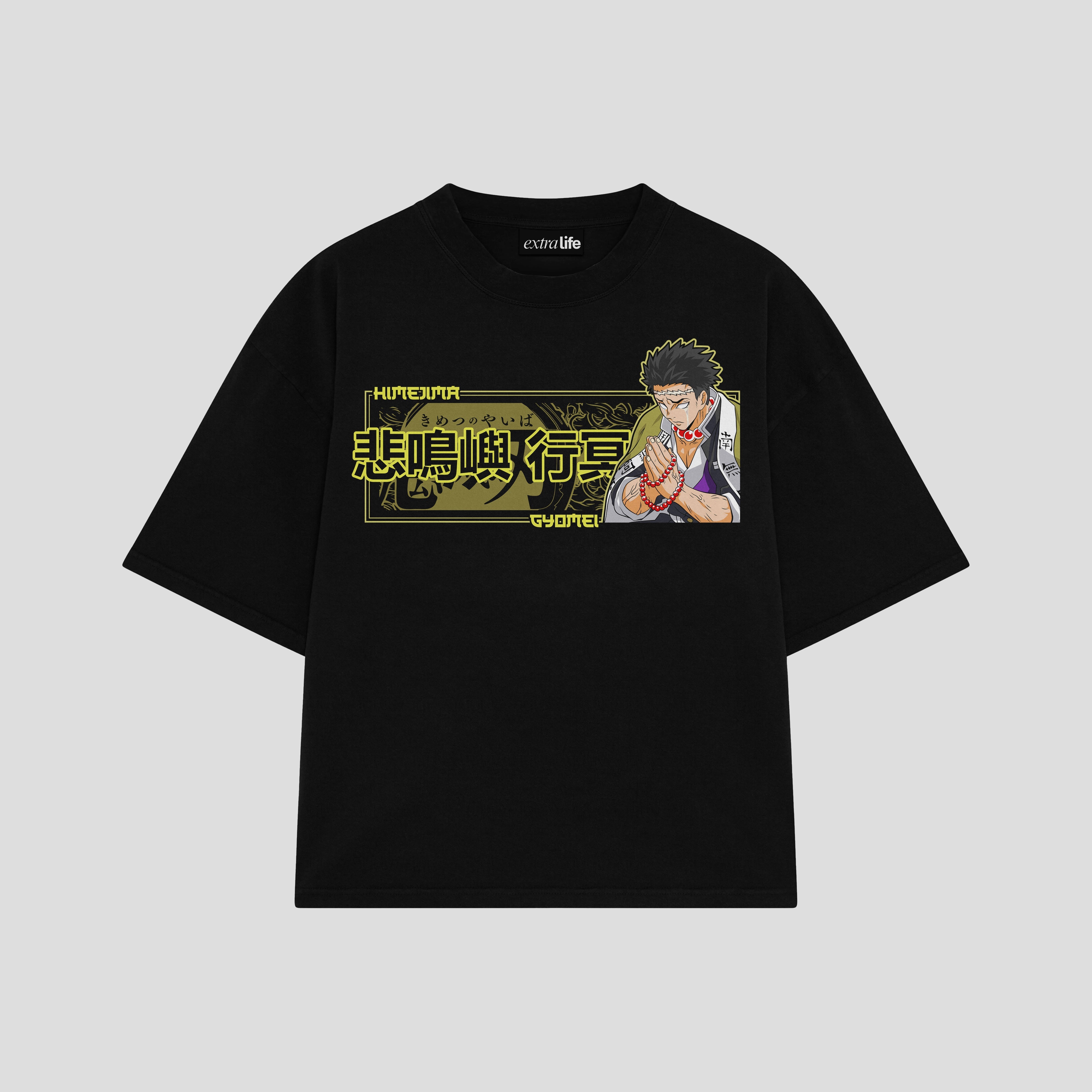 Playera streetwear premium de anime y gaming ExtraLife MX, corte boxy oversized drop shoulder heavyweight en color Deep Black y Off-White, moda urbana mexicana de culto.