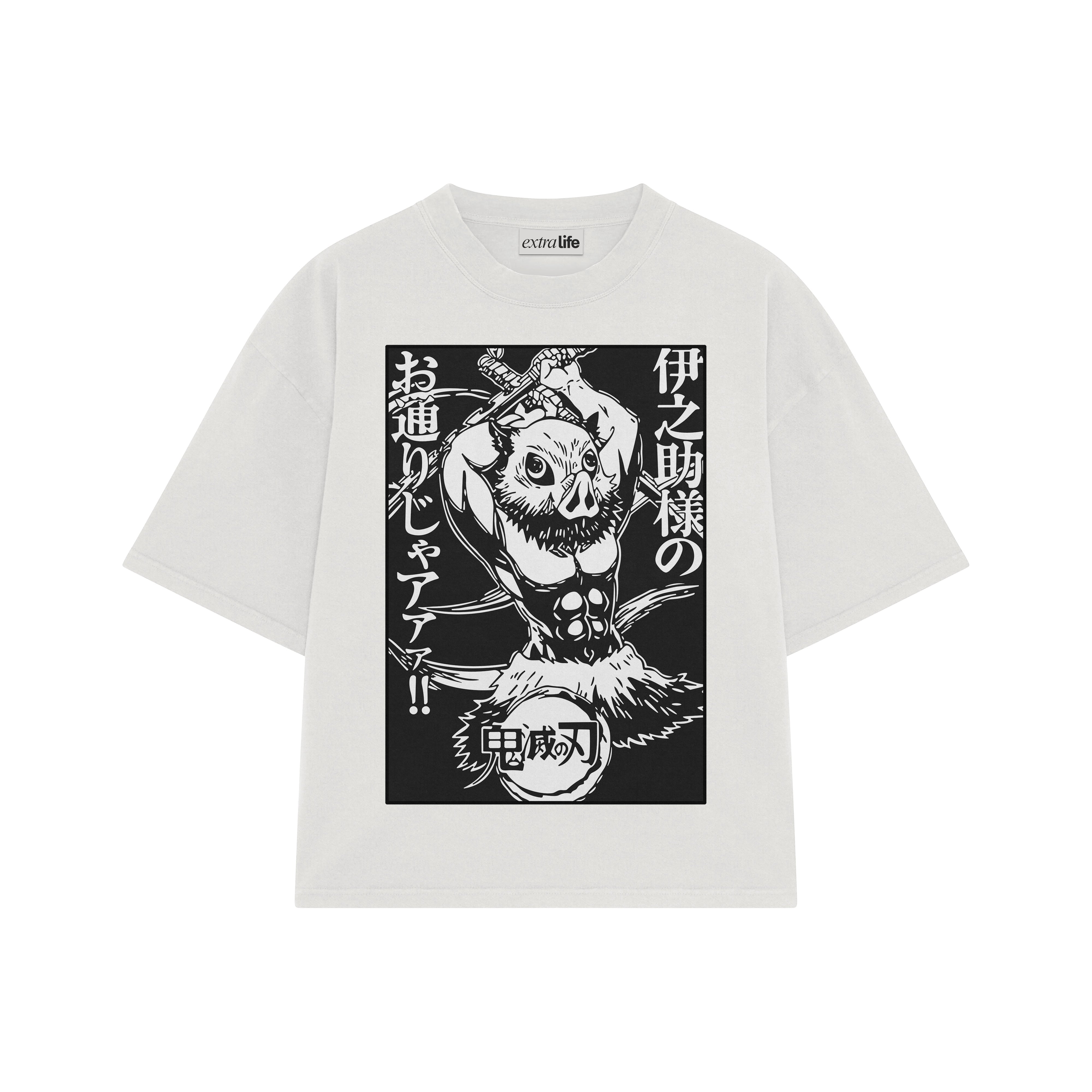 Playera streetwear premium de anime y gaming ExtraLife MX, corte boxy oversized drop shoulder heavyweight en color Deep Black y Off-White, moda urbana mexicana de culto.