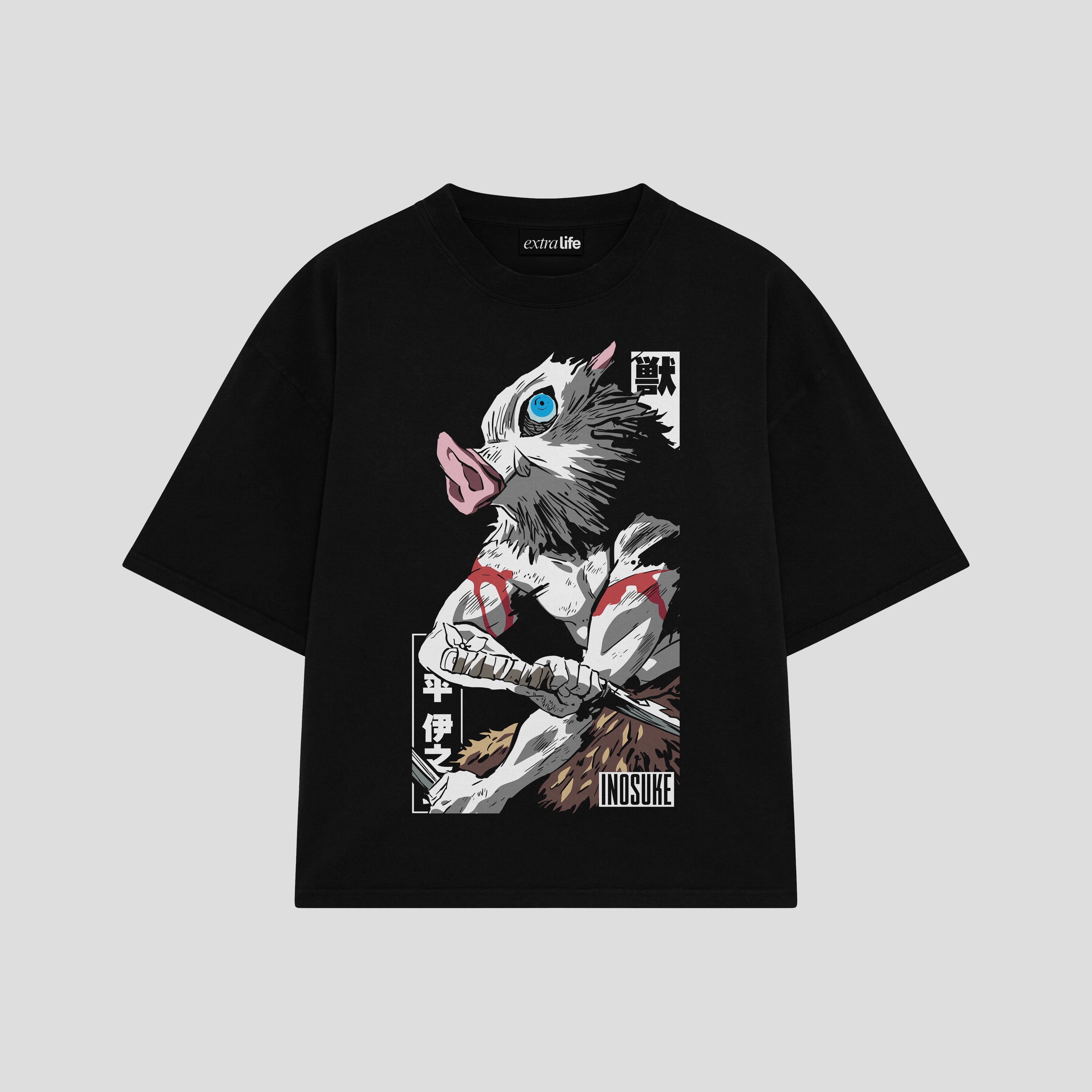 Playera streetwear premium de anime y gaming ExtraLife MX, corte boxy oversized drop shoulder heavyweight en color Deep Black y Off-White, moda urbana mexicana de culto.