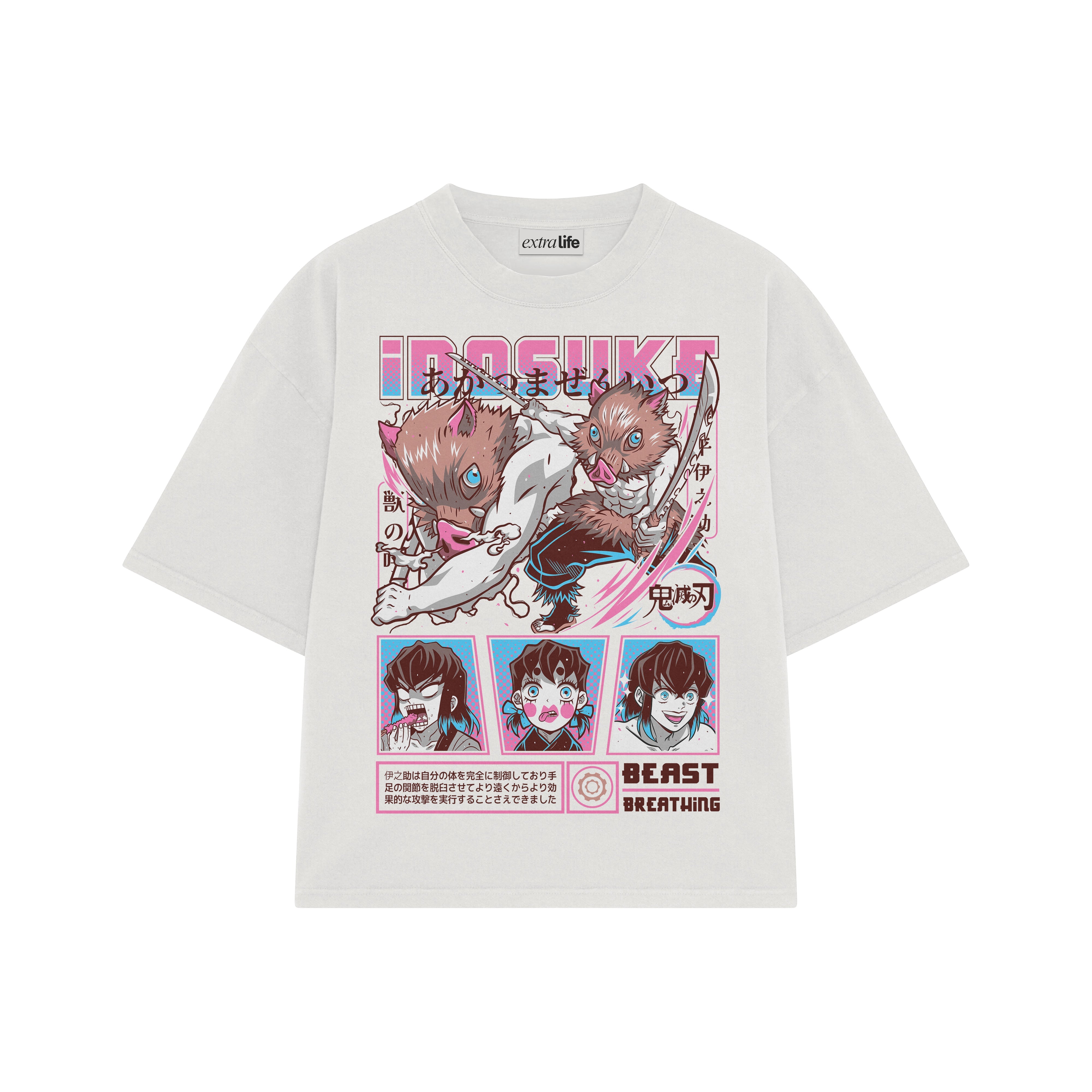 Playera streetwear premium de anime y gaming ExtraLife MX, corte boxy oversized drop shoulder heavyweight en color Deep Black y Off-White, moda urbana mexicana de culto.