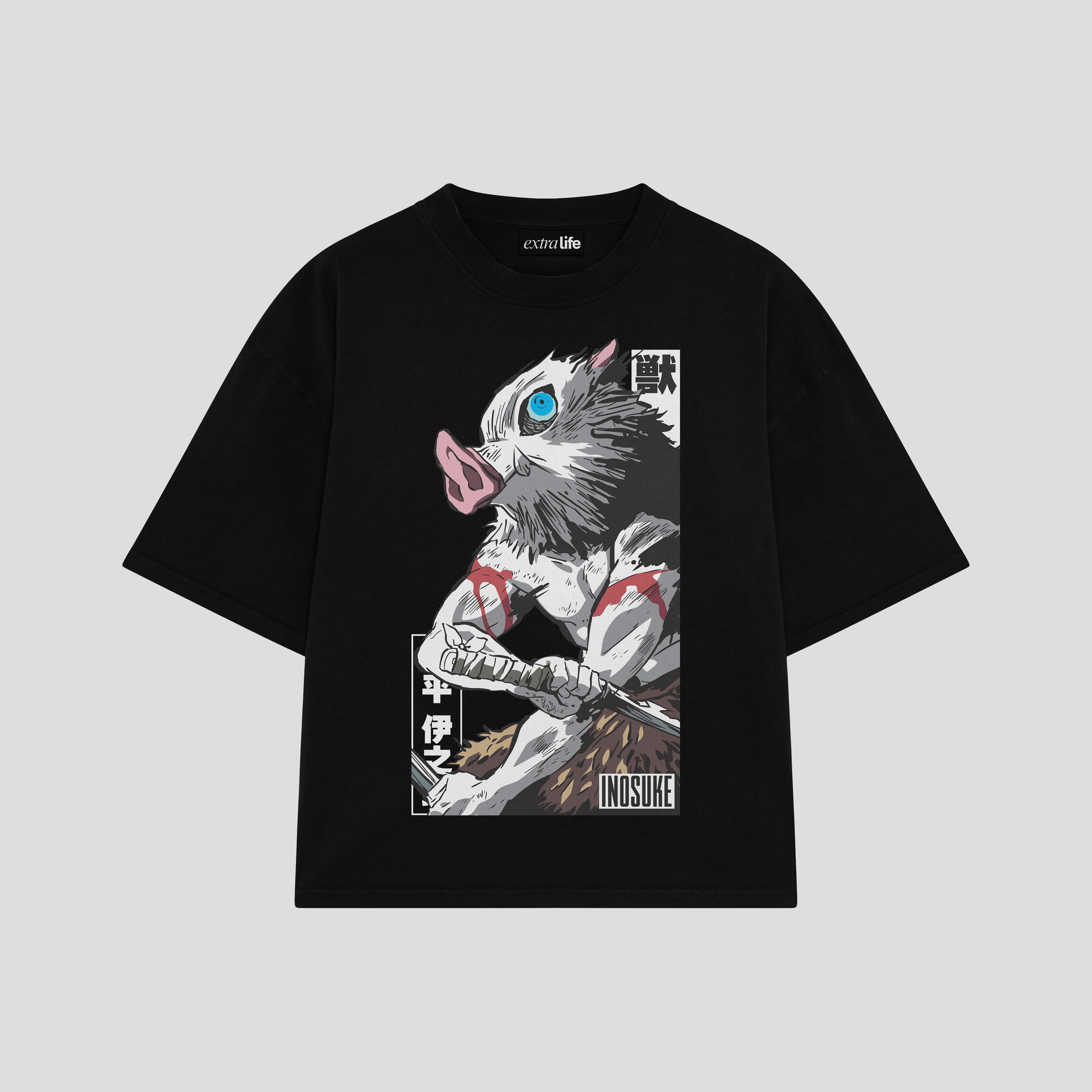 Playera streetwear premium de anime y gaming ExtraLife MX, corte boxy oversized drop shoulder heavyweight en color Deep Black y Off-White, moda urbana mexicana de culto.