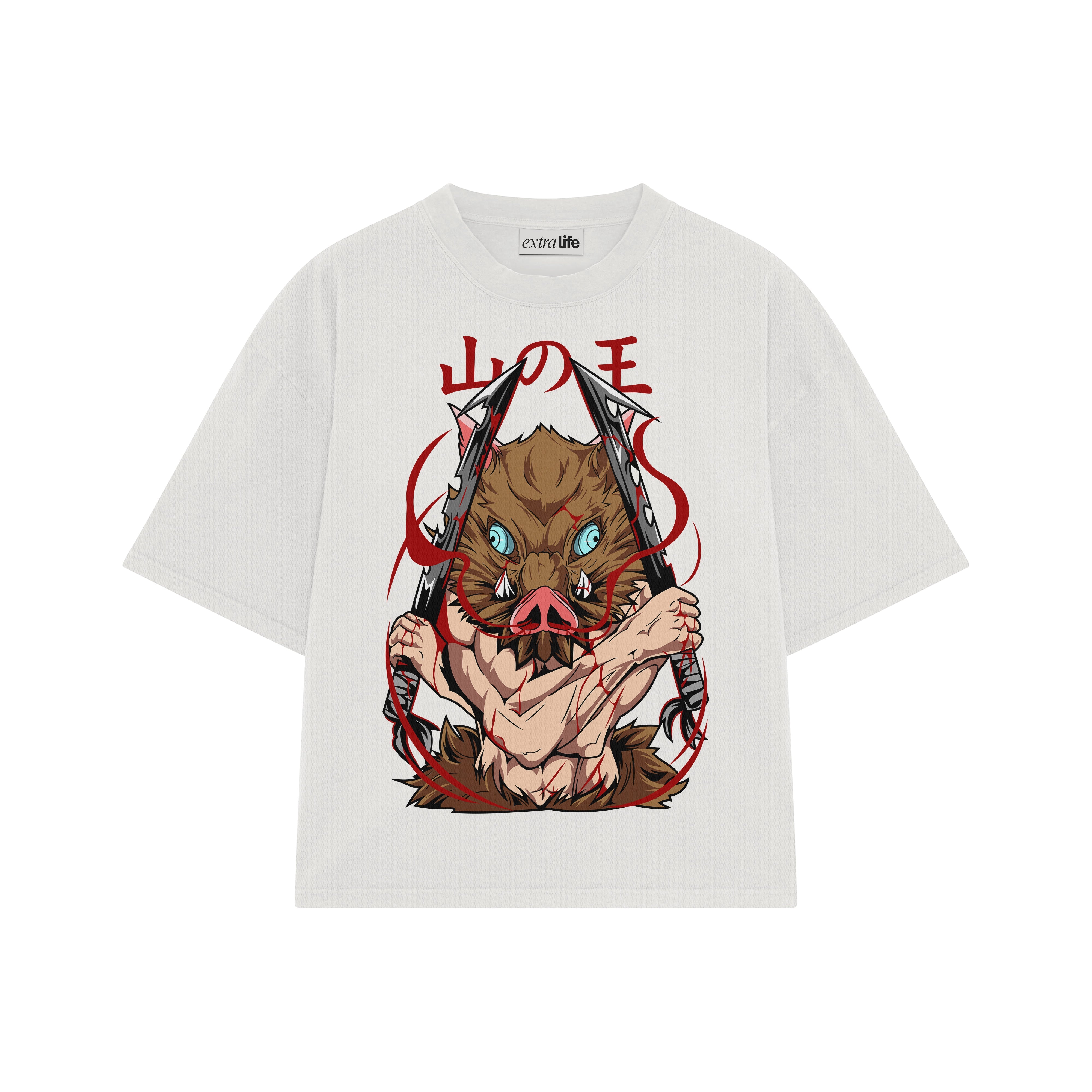 Playera streetwear premium de anime y gaming ExtraLife MX, corte boxy oversized drop shoulder heavyweight en color Deep Black y Off-White, moda urbana mexicana de culto.