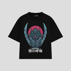 Playera streetwear premium de anime y gaming ExtraLife MX, corte boxy oversized drop shoulder heavyweight en color Deep Black y Off-White, moda urbana mexicana de culto.