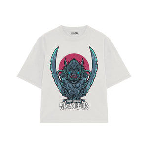 Playera streetwear premium de anime y gaming ExtraLife MX, corte boxy oversized drop shoulder heavyweight en color Deep Black y Off-White, moda urbana mexicana de culto.