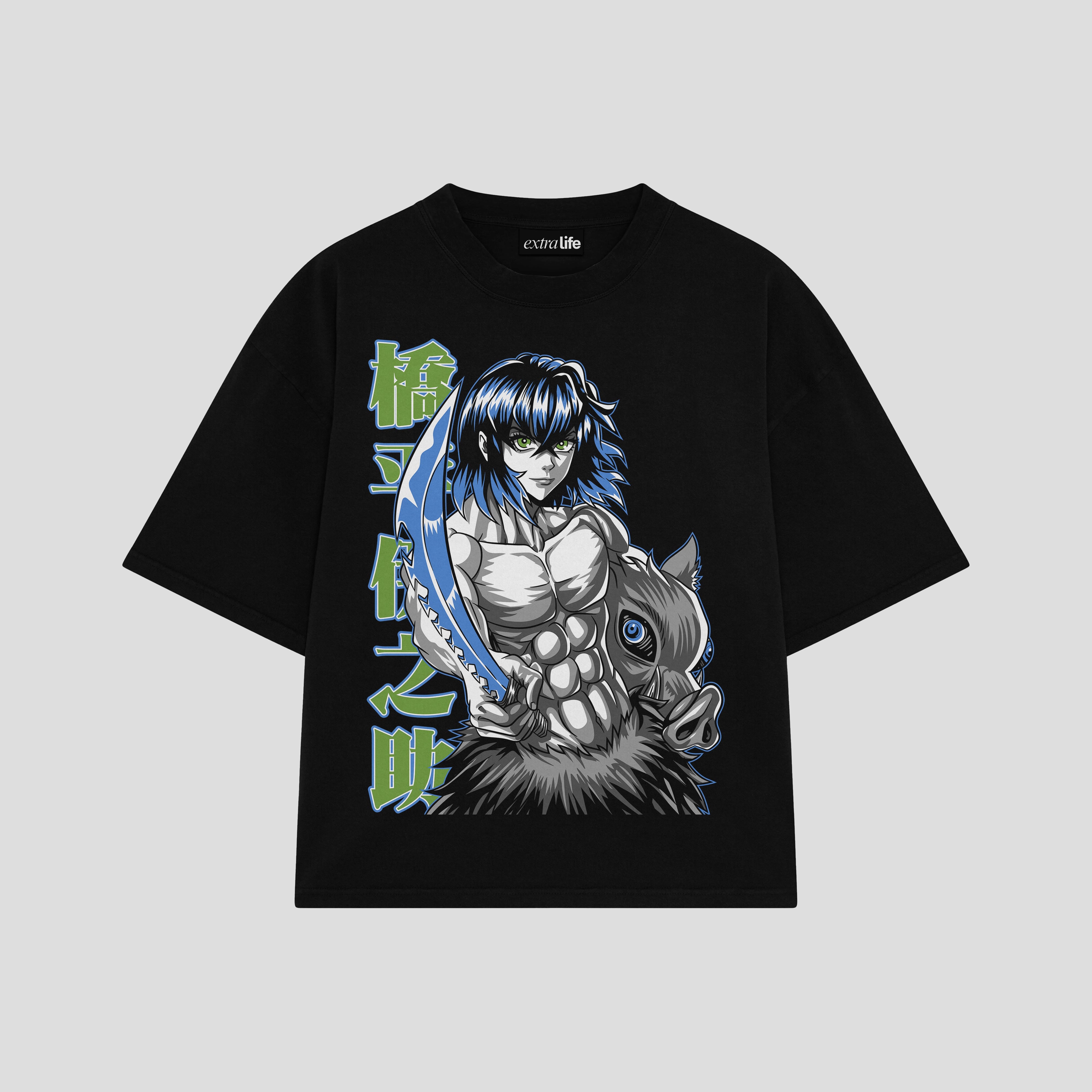 Playera streetwear premium de anime y gaming ExtraLife MX, corte boxy oversized drop shoulder heavyweight en color Deep Black y Off-White, moda urbana mexicana de culto.
