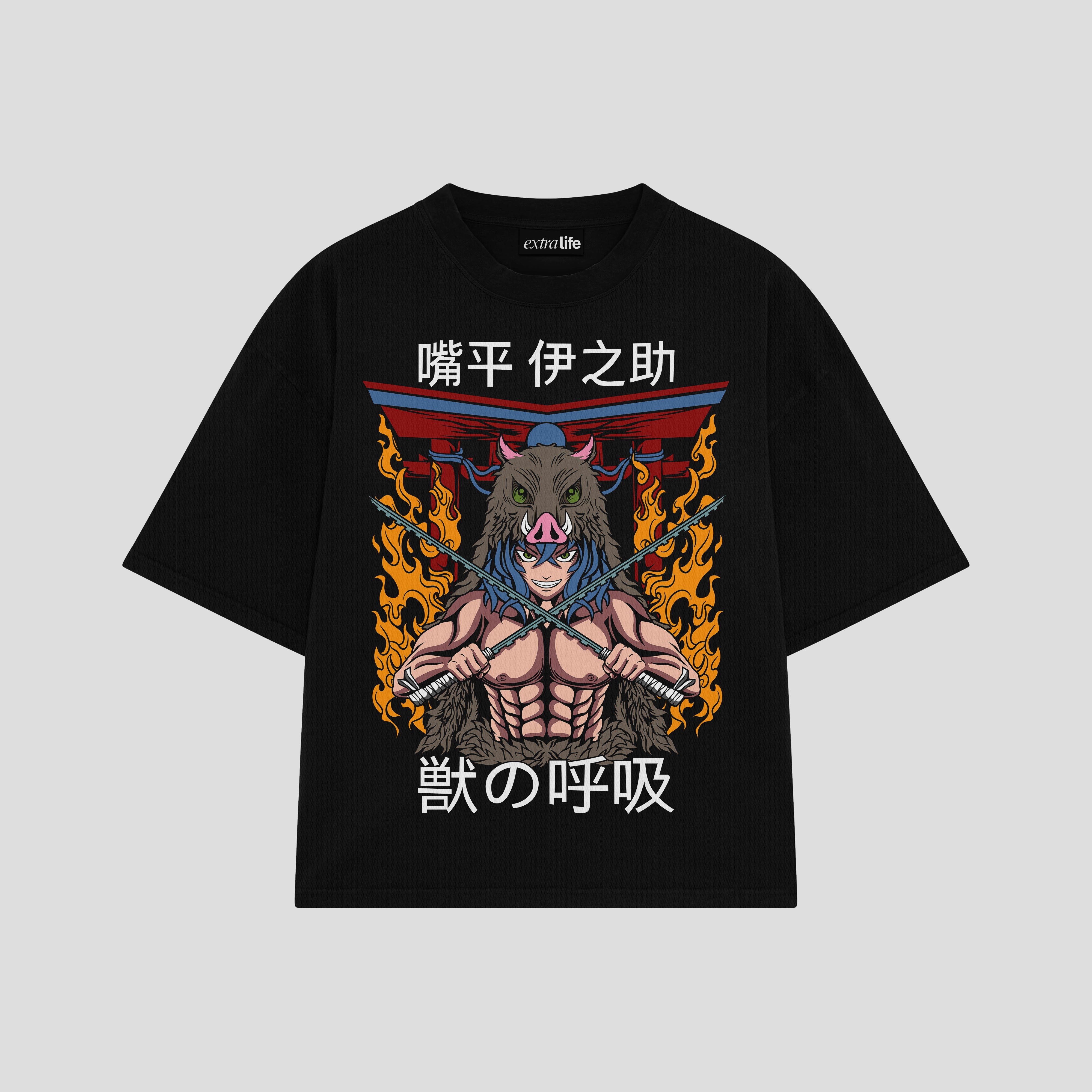 Playera streetwear premium de anime y gaming ExtraLife MX, corte boxy oversized drop shoulder heavyweight en color Deep Black y Off-White, moda urbana mexicana de culto.