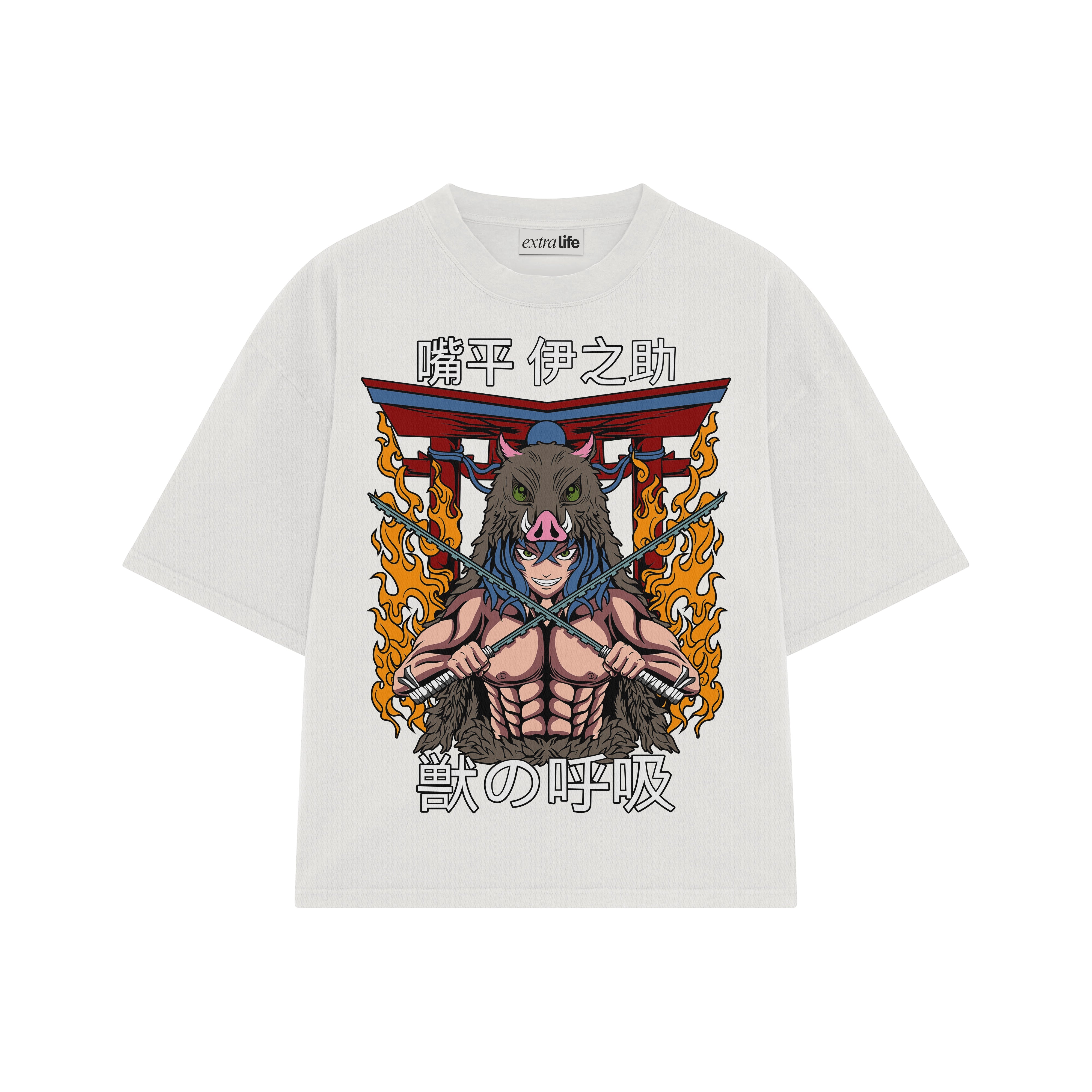 Playera streetwear premium de anime y gaming ExtraLife MX, corte boxy oversized drop shoulder heavyweight en color Deep Black y Off-White, moda urbana mexicana de culto.