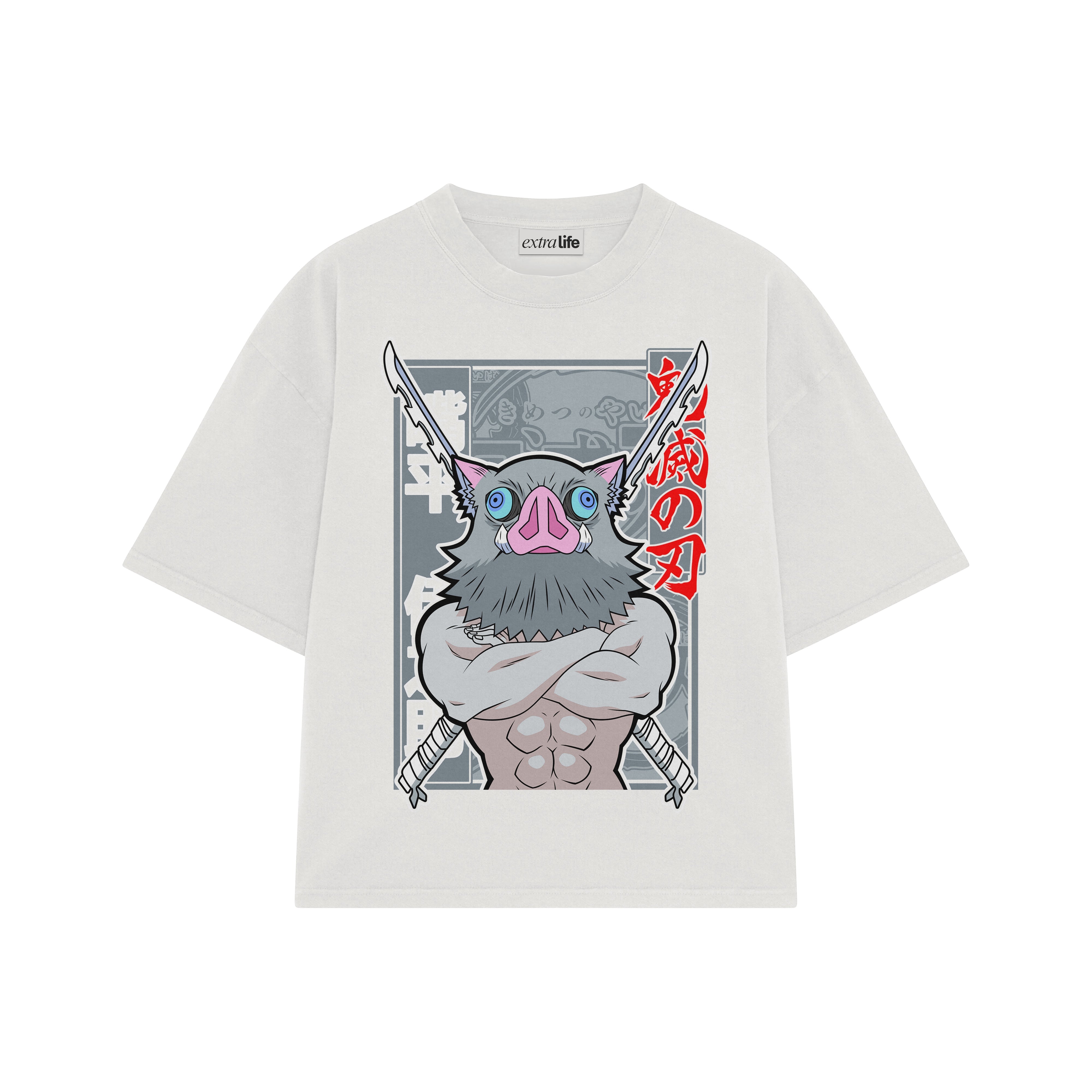 Playera streetwear premium de anime y gaming ExtraLife MX, corte boxy oversized drop shoulder heavyweight en color Deep Black y Off-White, moda urbana mexicana de culto.