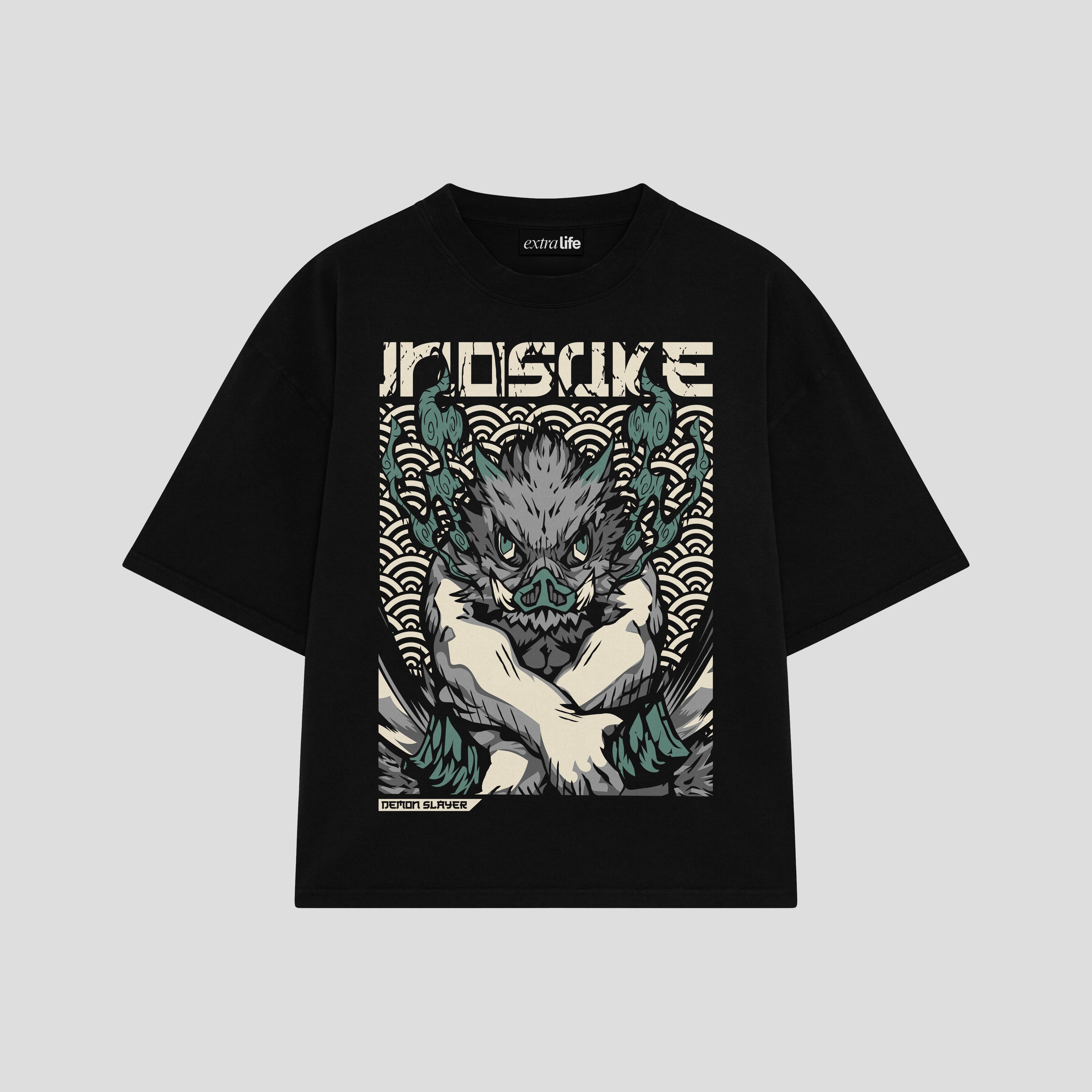 Playera streetwear premium de anime y gaming ExtraLife MX, corte boxy oversized drop shoulder heavyweight en color Deep Black y Off-White, moda urbana mexicana de culto.
