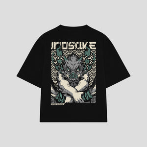Playera streetwear premium de anime y gaming ExtraLife MX, corte boxy oversized drop shoulder heavyweight en color Deep Black y Off-White, moda urbana mexicana de culto.