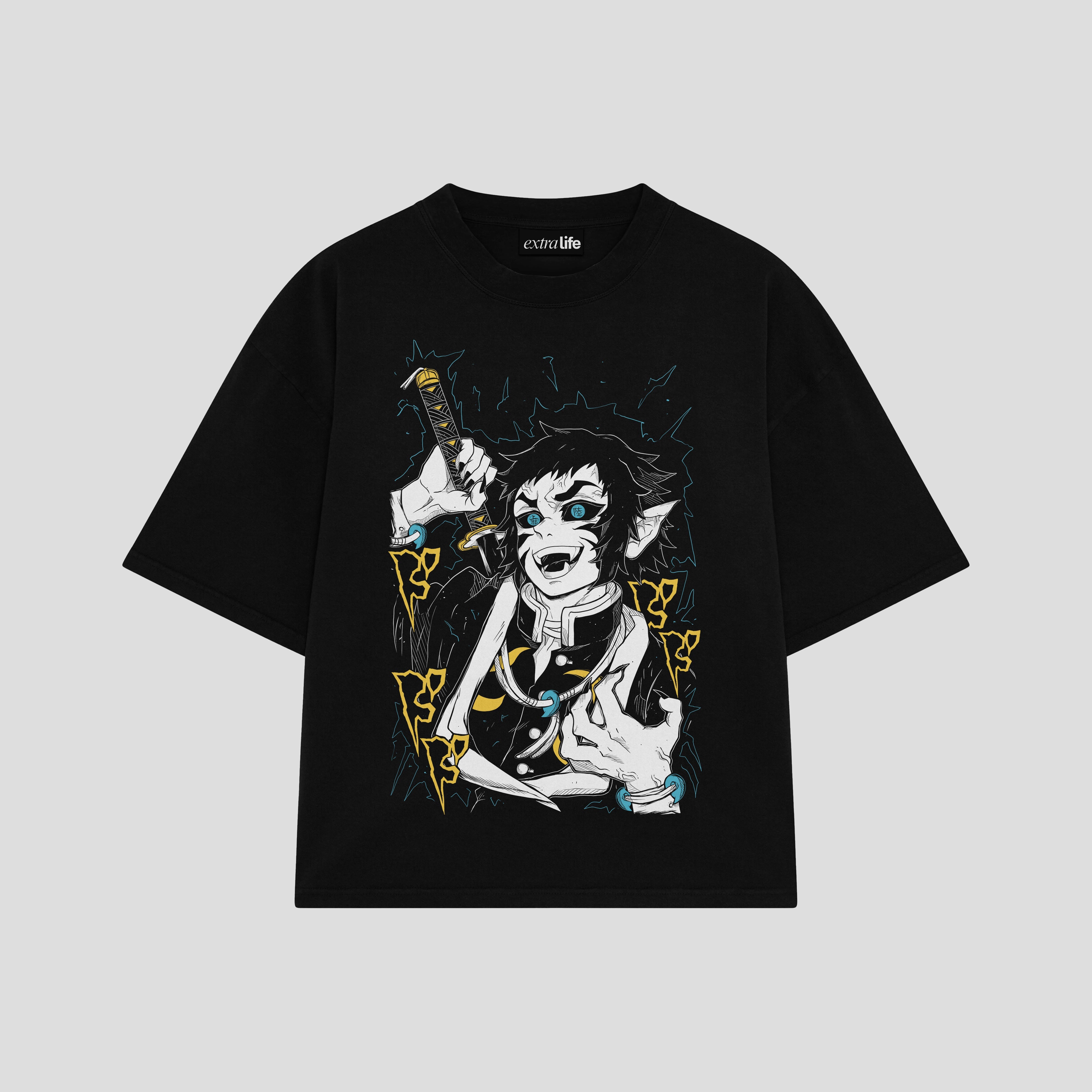 Playera streetwear premium de anime y gaming ExtraLife MX, corte boxy oversized drop shoulder heavyweight en color Deep Black y Off-White, moda urbana mexicana de culto.
