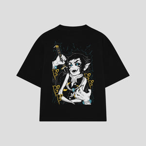 Playera streetwear premium de anime y gaming ExtraLife MX, corte boxy oversized drop shoulder heavyweight en color Deep Black y Off-White, moda urbana mexicana de culto.