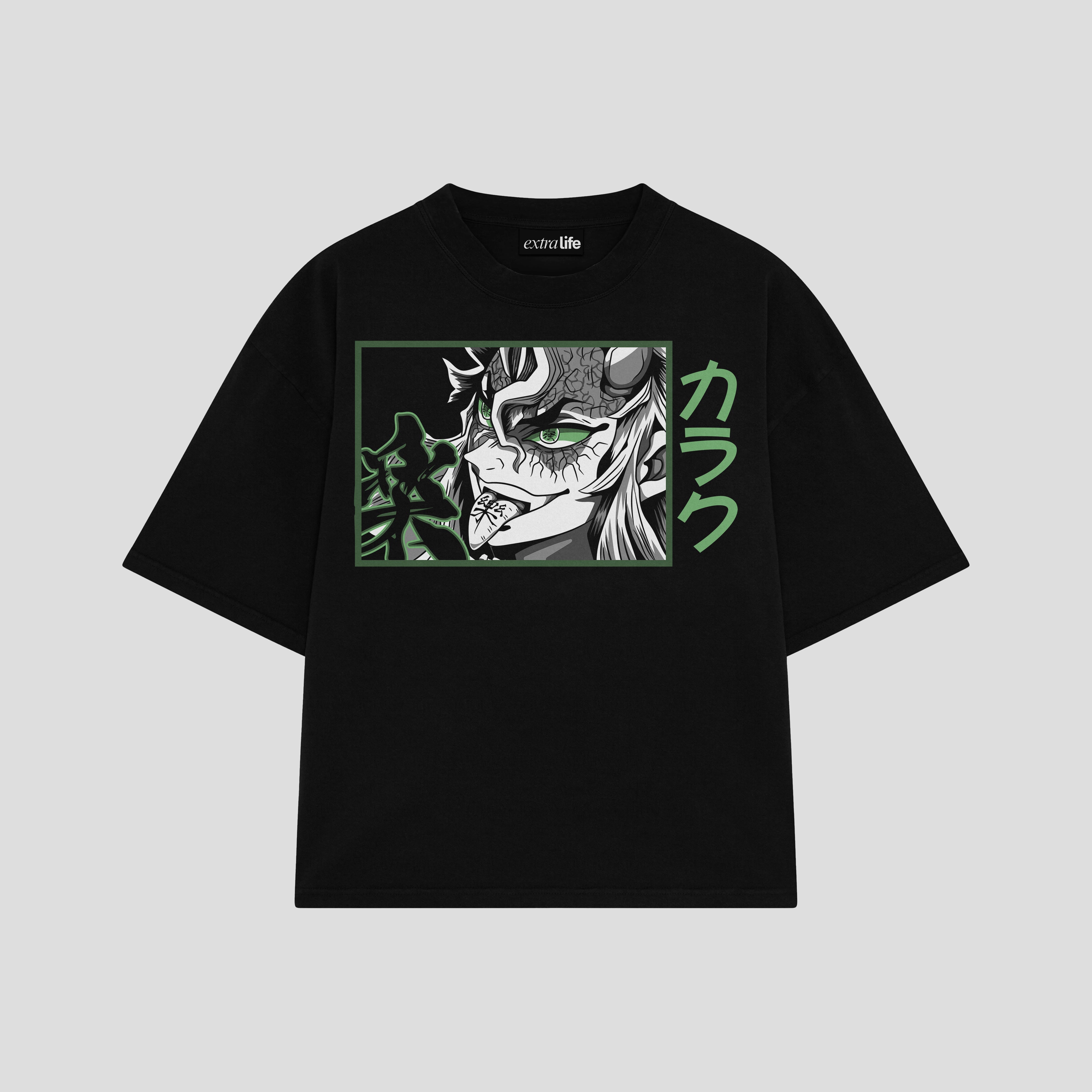Playera streetwear premium de anime y gaming ExtraLife MX, corte boxy oversized drop shoulder heavyweight en color Deep Black y Off-White, moda urbana mexicana de culto.