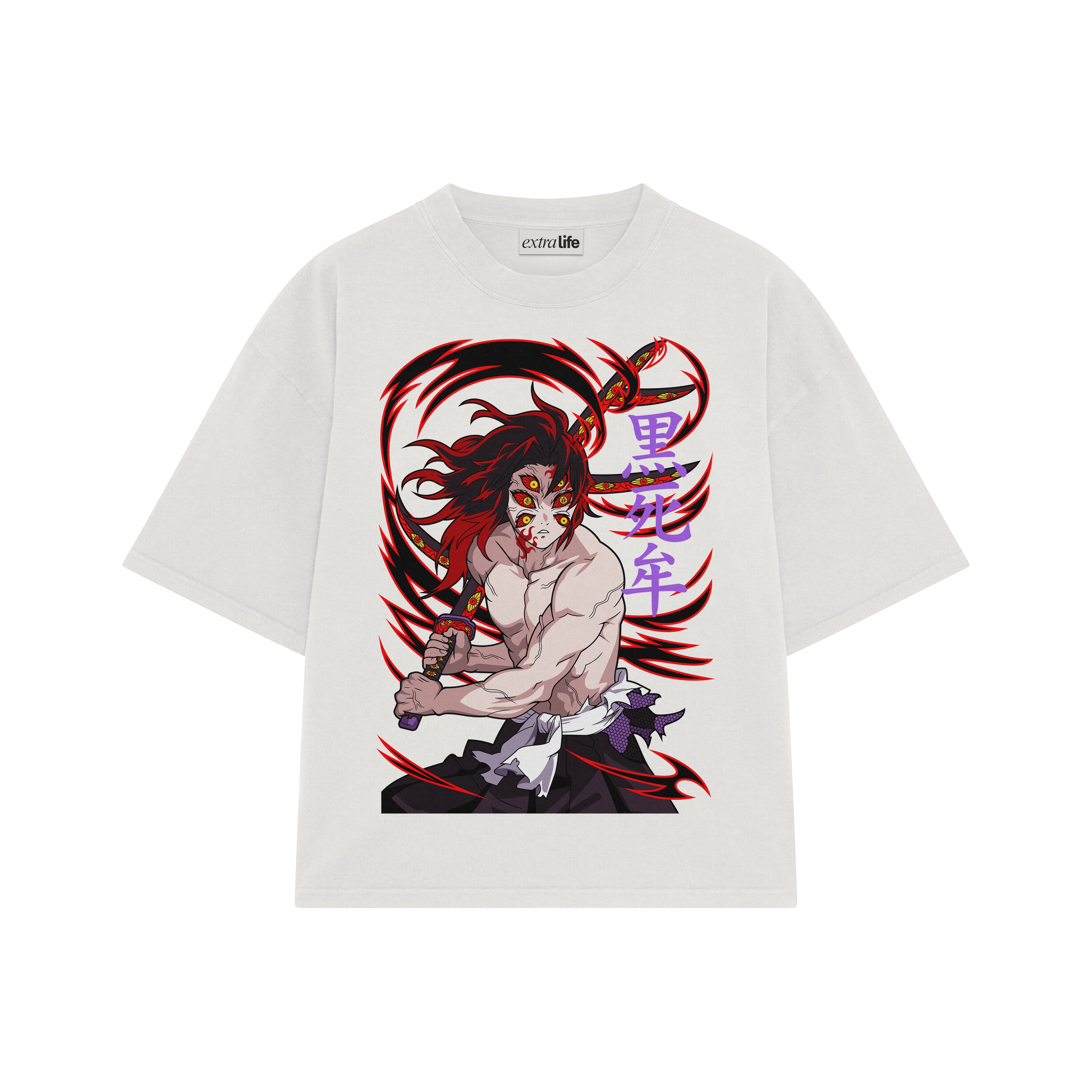 Playera streetwear premium de anime y gaming ExtraLife MX, corte boxy oversized drop shoulder heavyweight en color Deep Black y Off-White, moda urbana mexicana de culto.