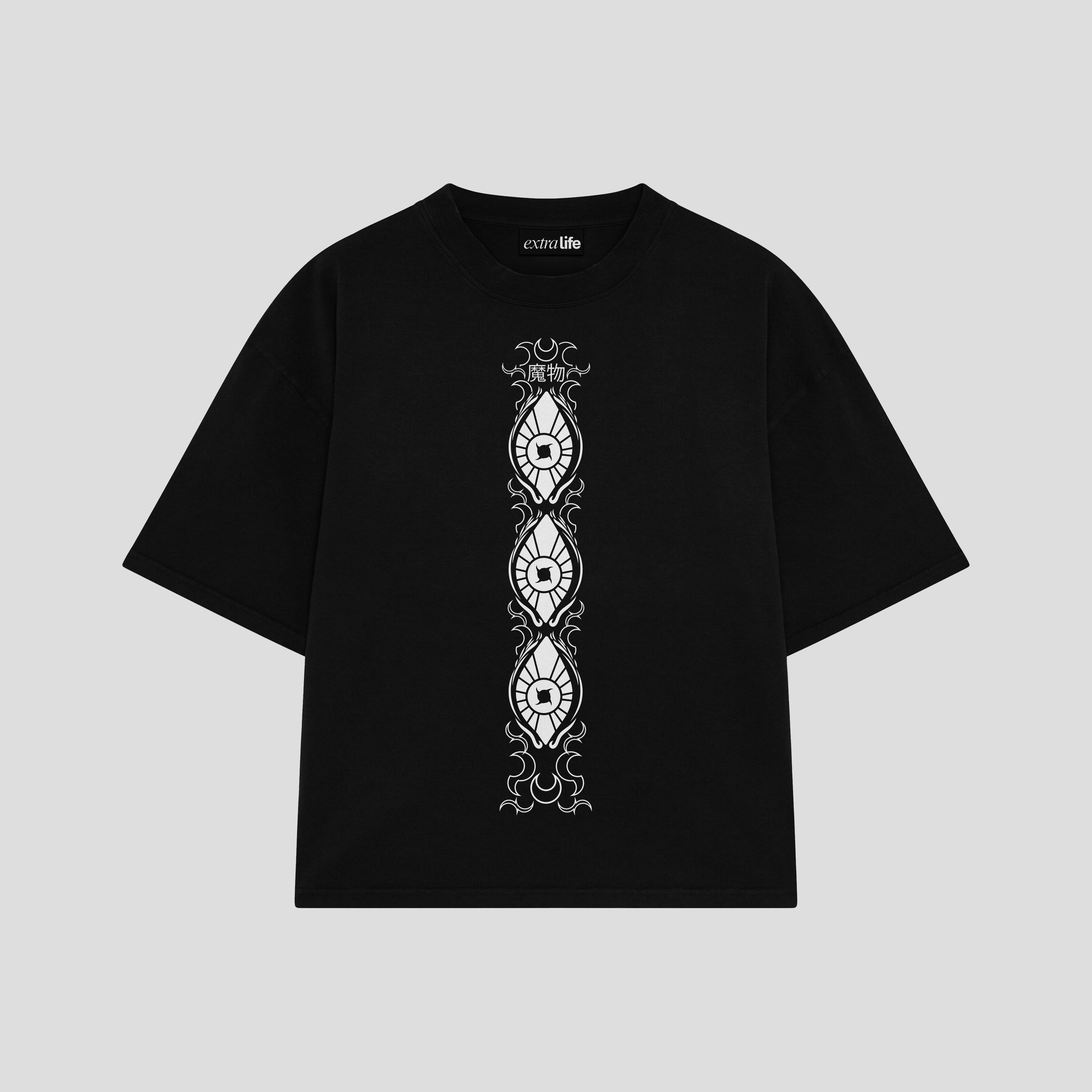 Playera streetwear premium de anime y gaming ExtraLife MX, corte boxy oversized drop shoulder heavyweight en color Deep Black y Off-White, moda urbana mexicana de culto.