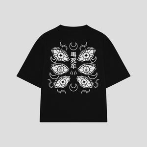 Playera streetwear premium de anime y gaming ExtraLife MX, corte boxy oversized drop shoulder heavyweight en color Deep Black y Off-White, moda urbana mexicana de culto.