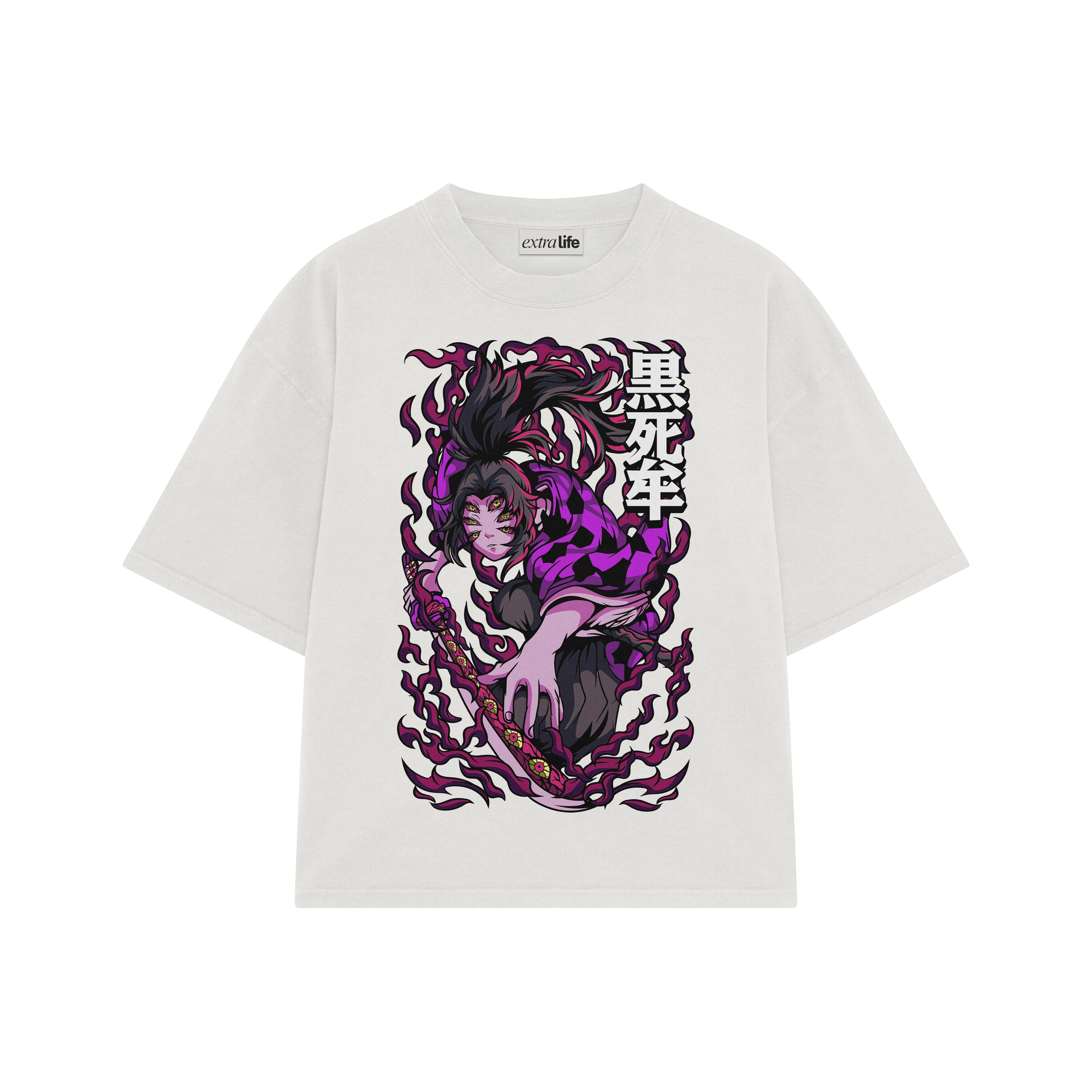 Playera streetwear premium de anime y gaming ExtraLife MX, corte boxy oversized drop shoulder heavyweight en color Deep Black y Off-White, moda urbana mexicana de culto.