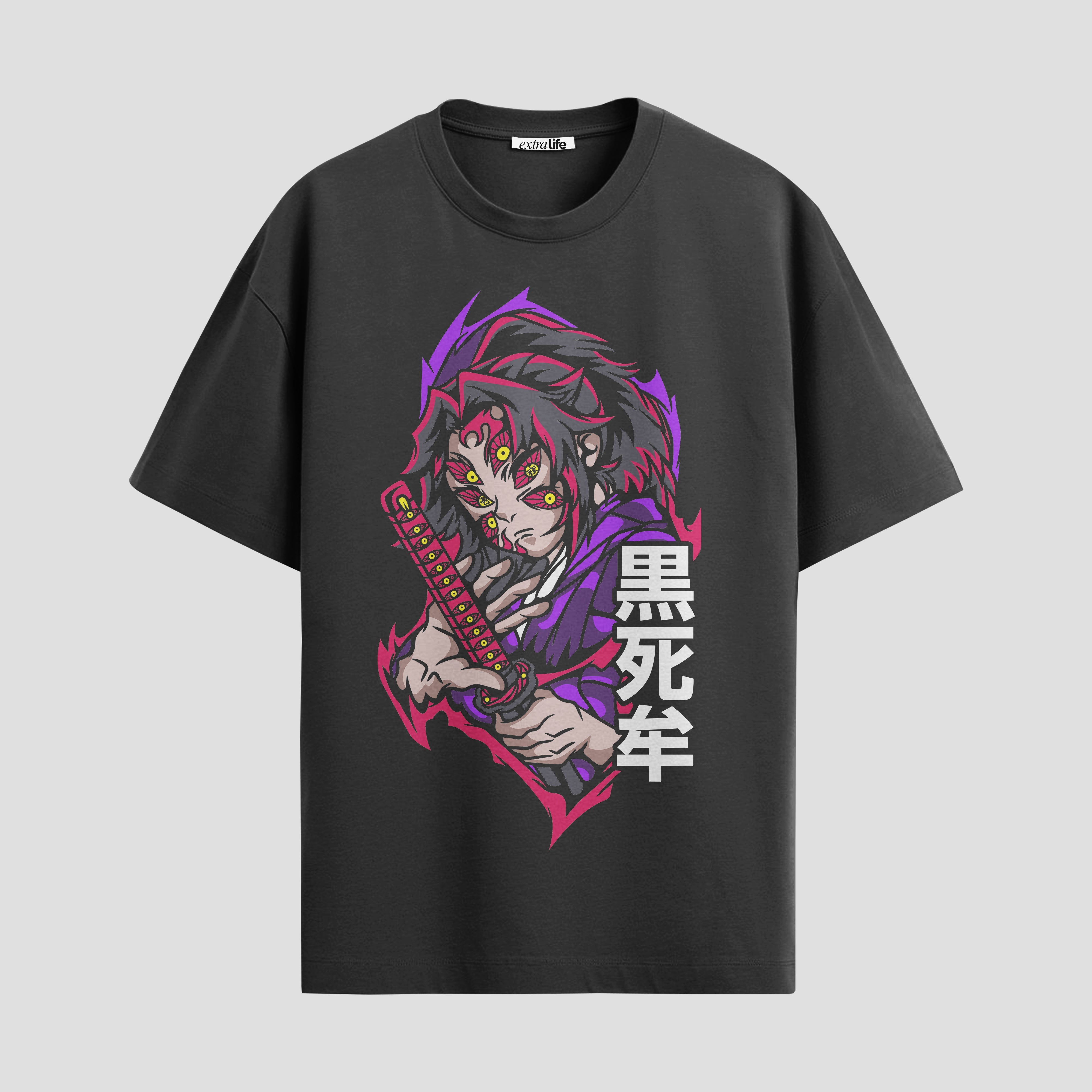 Playera urbana de anime y gaming ExtraLife MX, corte Standard Fit unisex ligero y transpirable en color Deep Black y Pure White, ropa de uso diario para gym y casual.