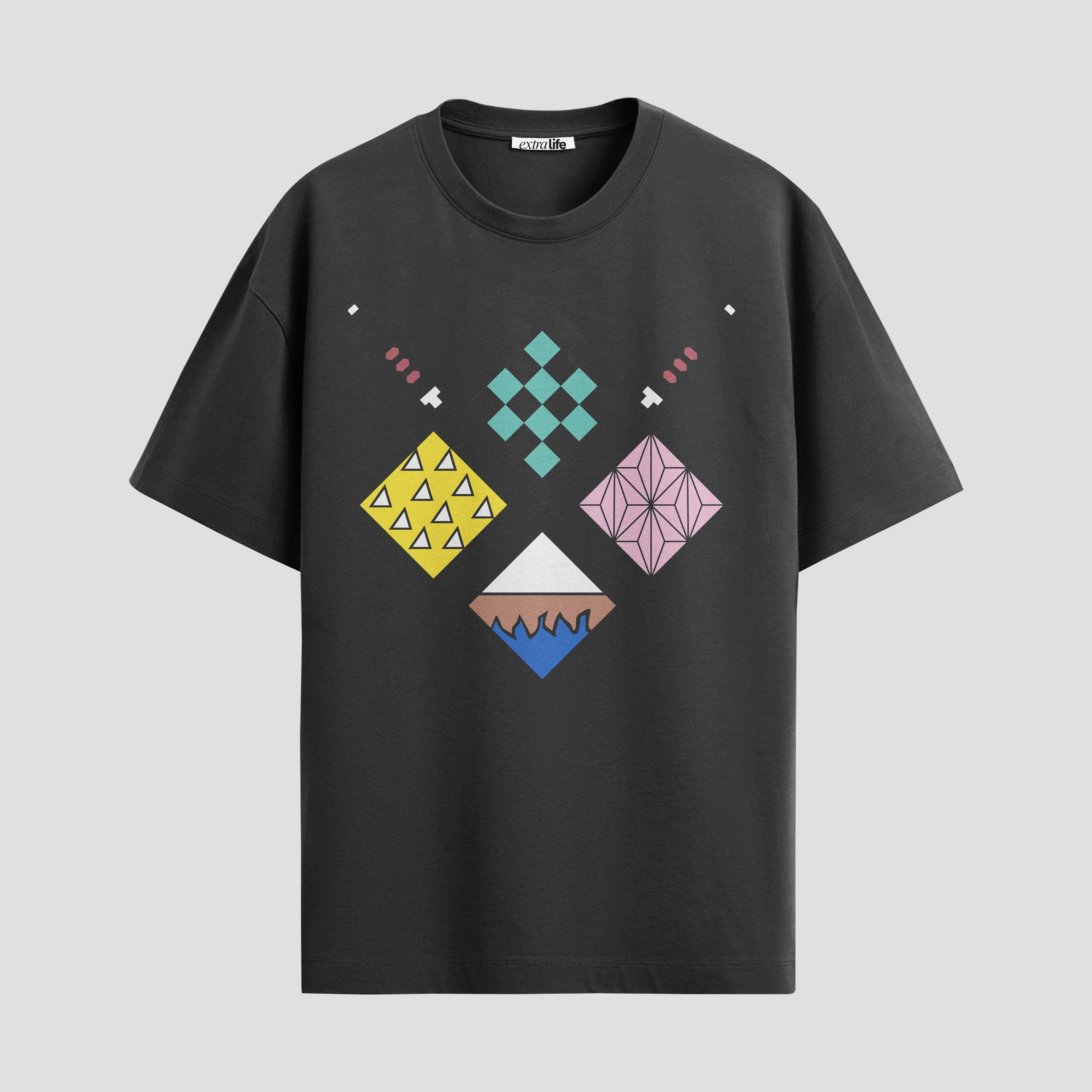 Playera urbana de anime y gaming ExtraLife MX, corte Standard Fit unisex ligero y transpirable en color Deep Black y Pure White, ropa de uso diario para gym y casual.