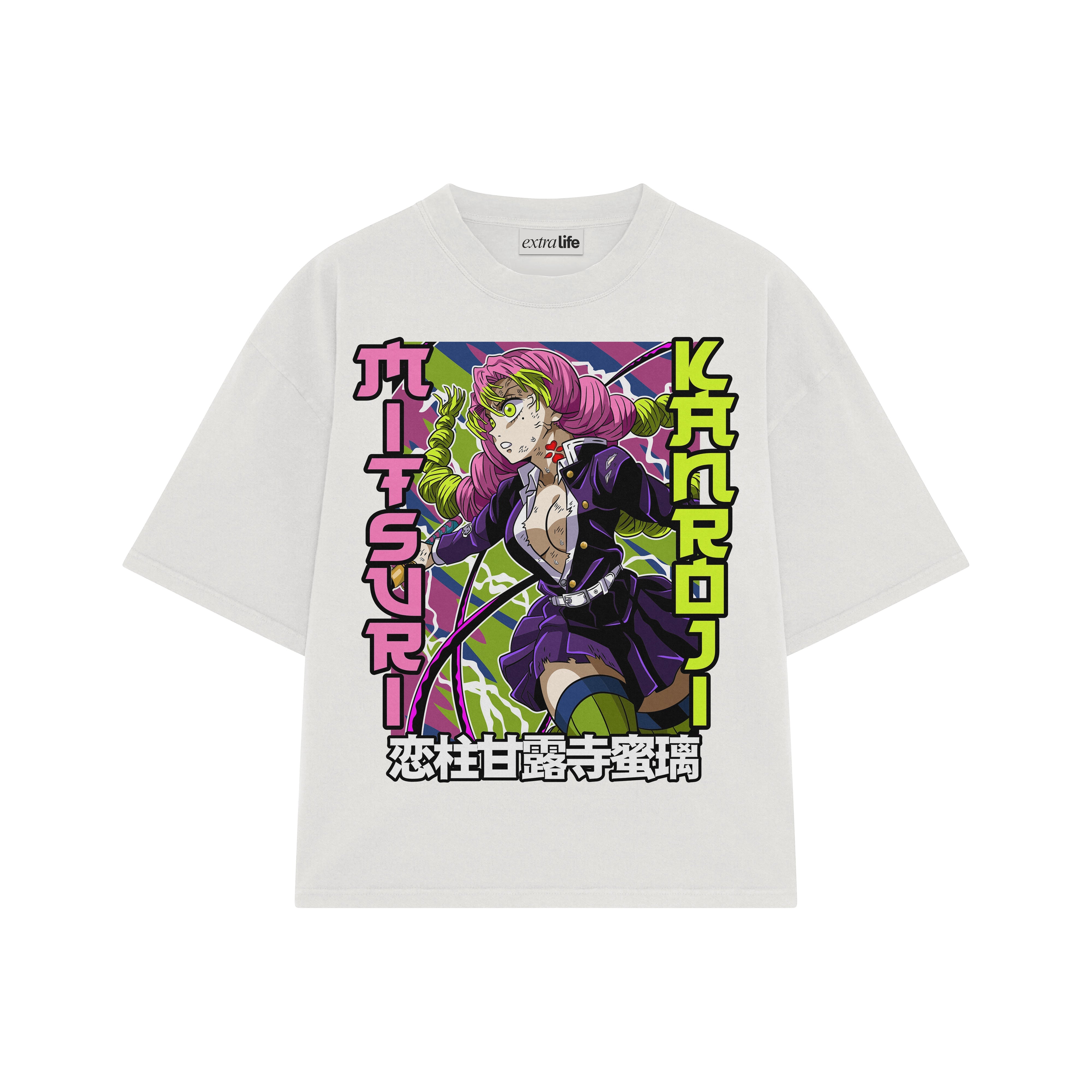 Playera streetwear premium de anime y gaming ExtraLife MX, corte boxy oversized drop shoulder heavyweight en color Deep Black y Off-White, moda urbana mexicana de culto.