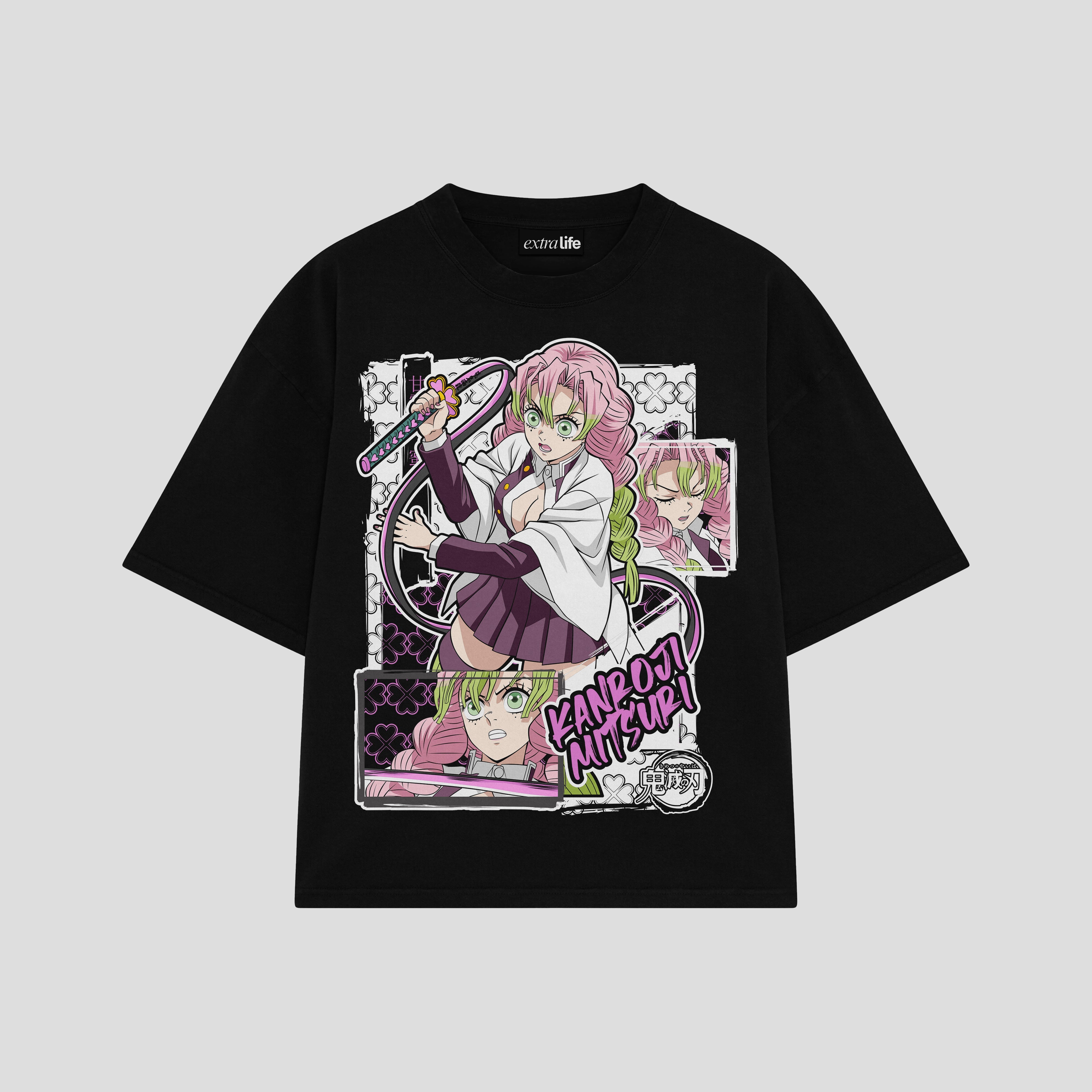 Playera streetwear premium de anime y gaming ExtraLife MX, corte boxy oversized drop shoulder heavyweight en color Deep Black y Off-White, moda urbana mexicana de culto.