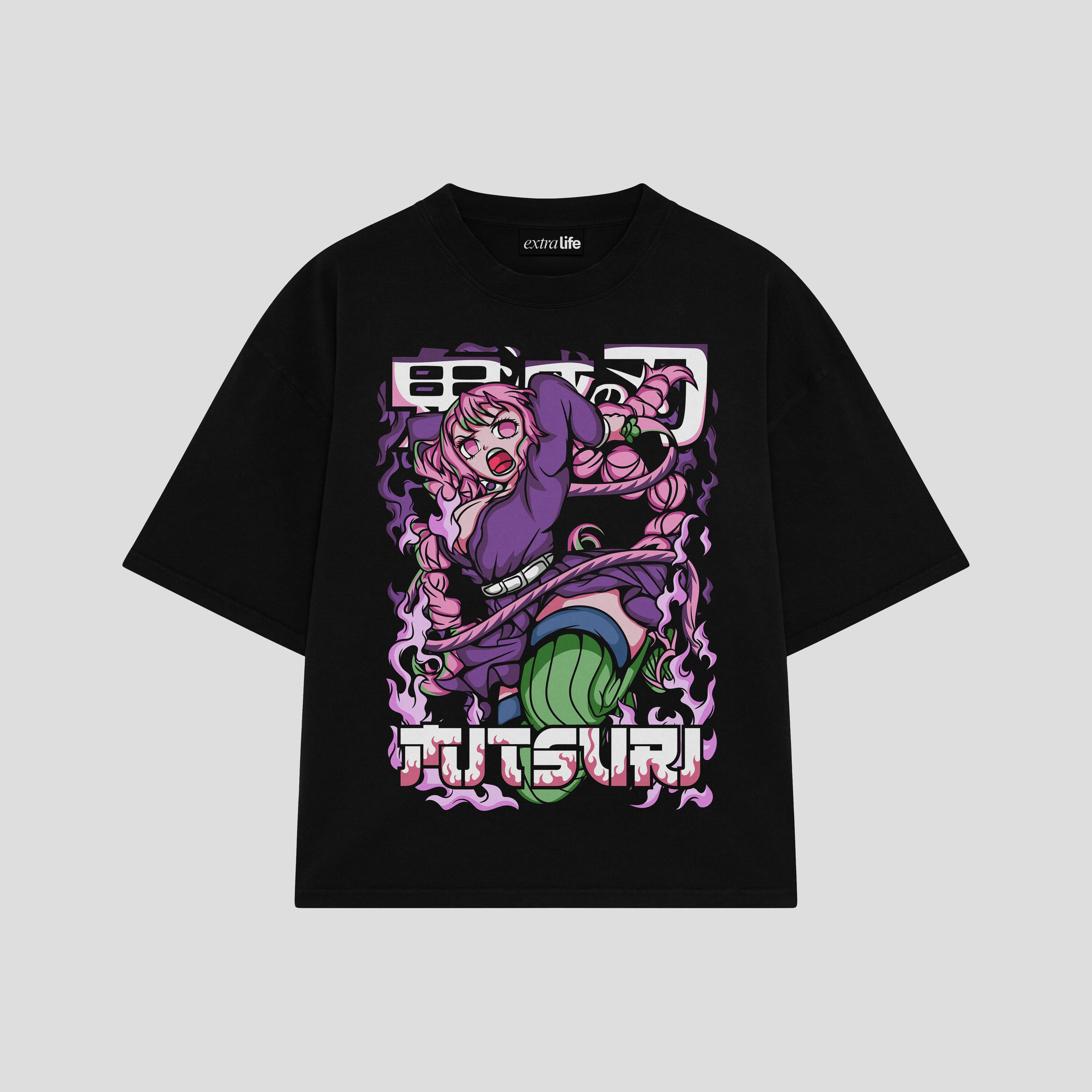Playera streetwear premium de anime y gaming ExtraLife MX, corte boxy oversized drop shoulder heavyweight en color Deep Black y Off-White, moda urbana mexicana de culto.