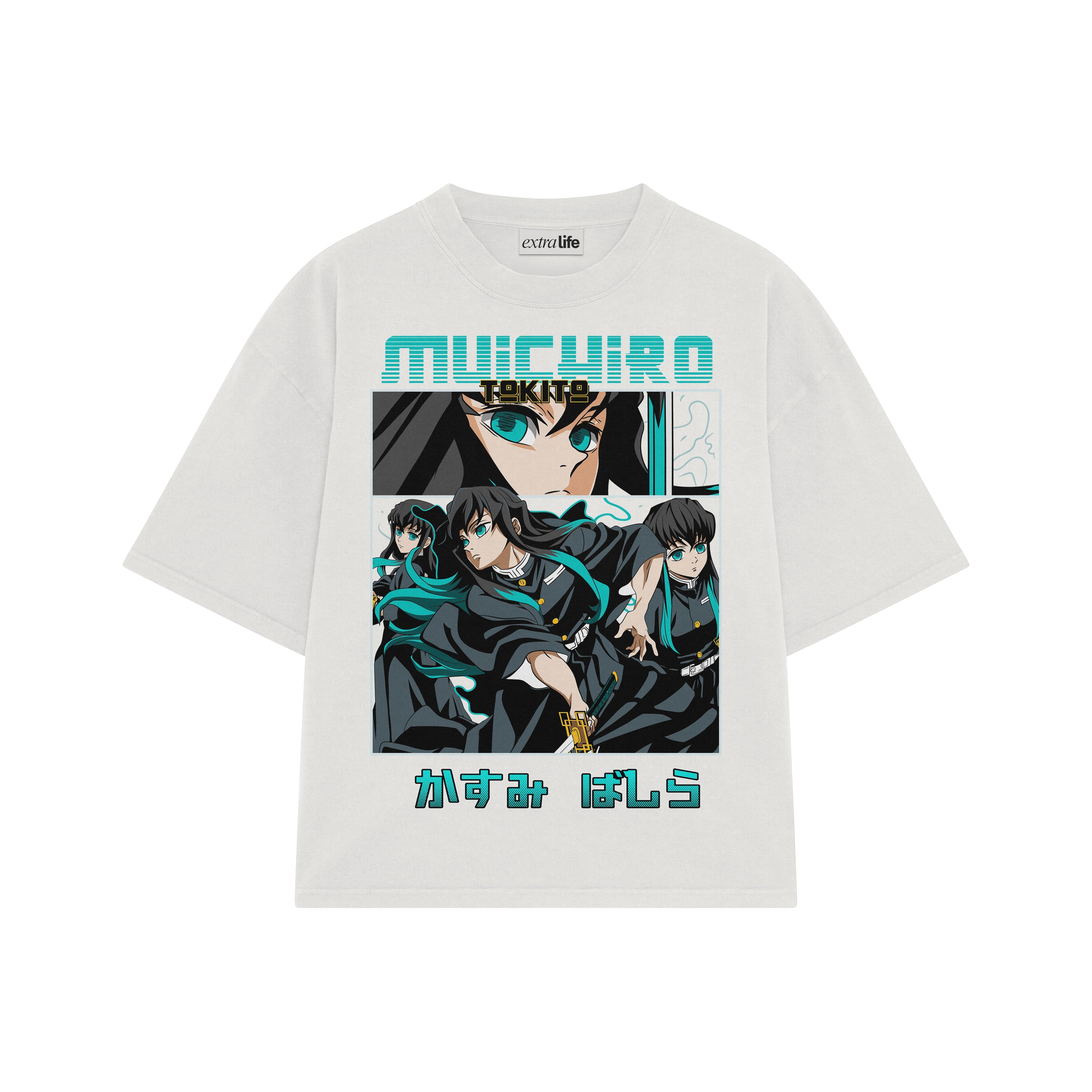 Playera streetwear premium de anime y gaming ExtraLife MX, corte boxy oversized drop shoulder heavyweight en color Deep Black y Off-White, moda urbana mexicana de culto.