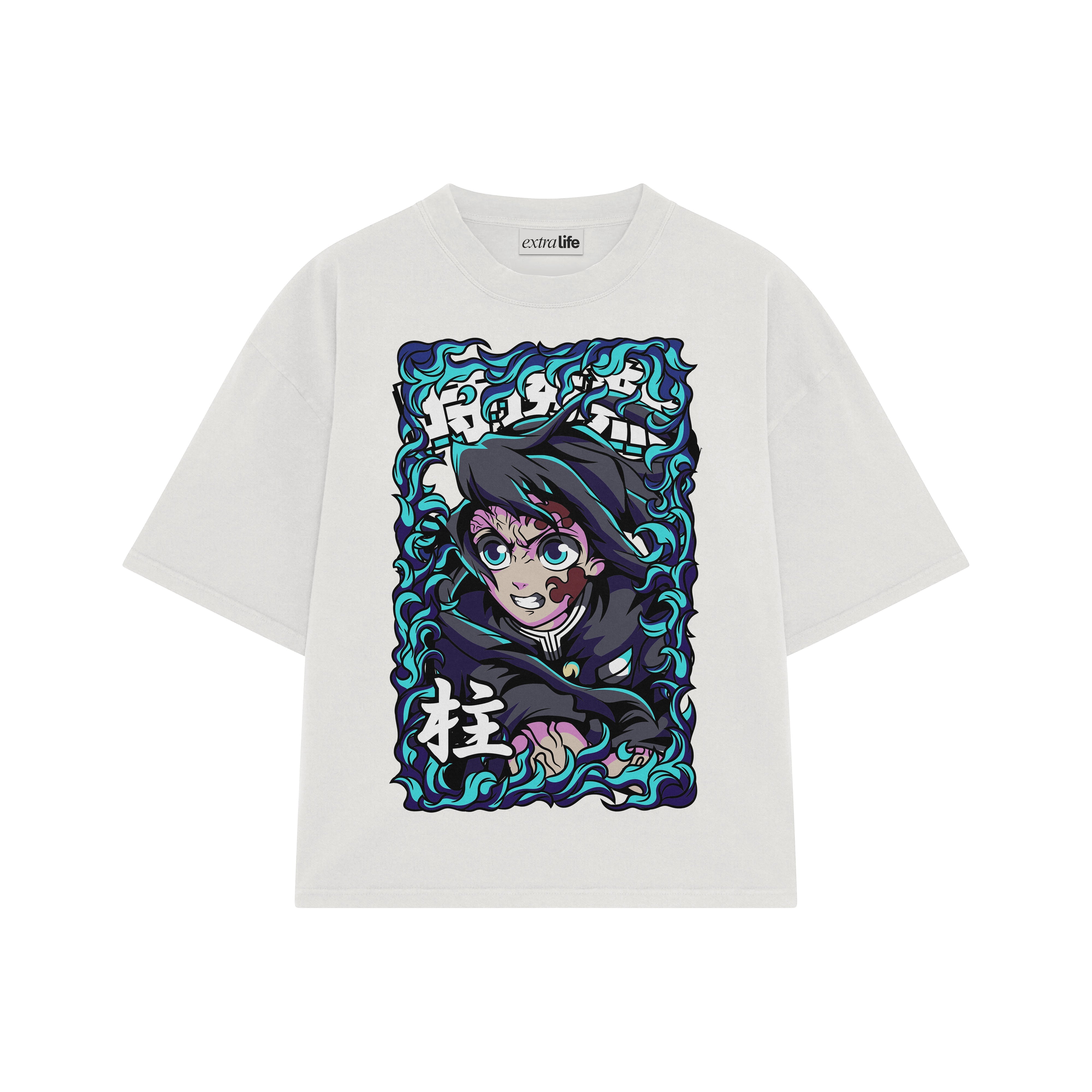 Playera streetwear premium de anime y gaming ExtraLife MX, corte boxy oversized drop shoulder heavyweight en color Deep Black y Off-White, moda urbana mexicana de culto.