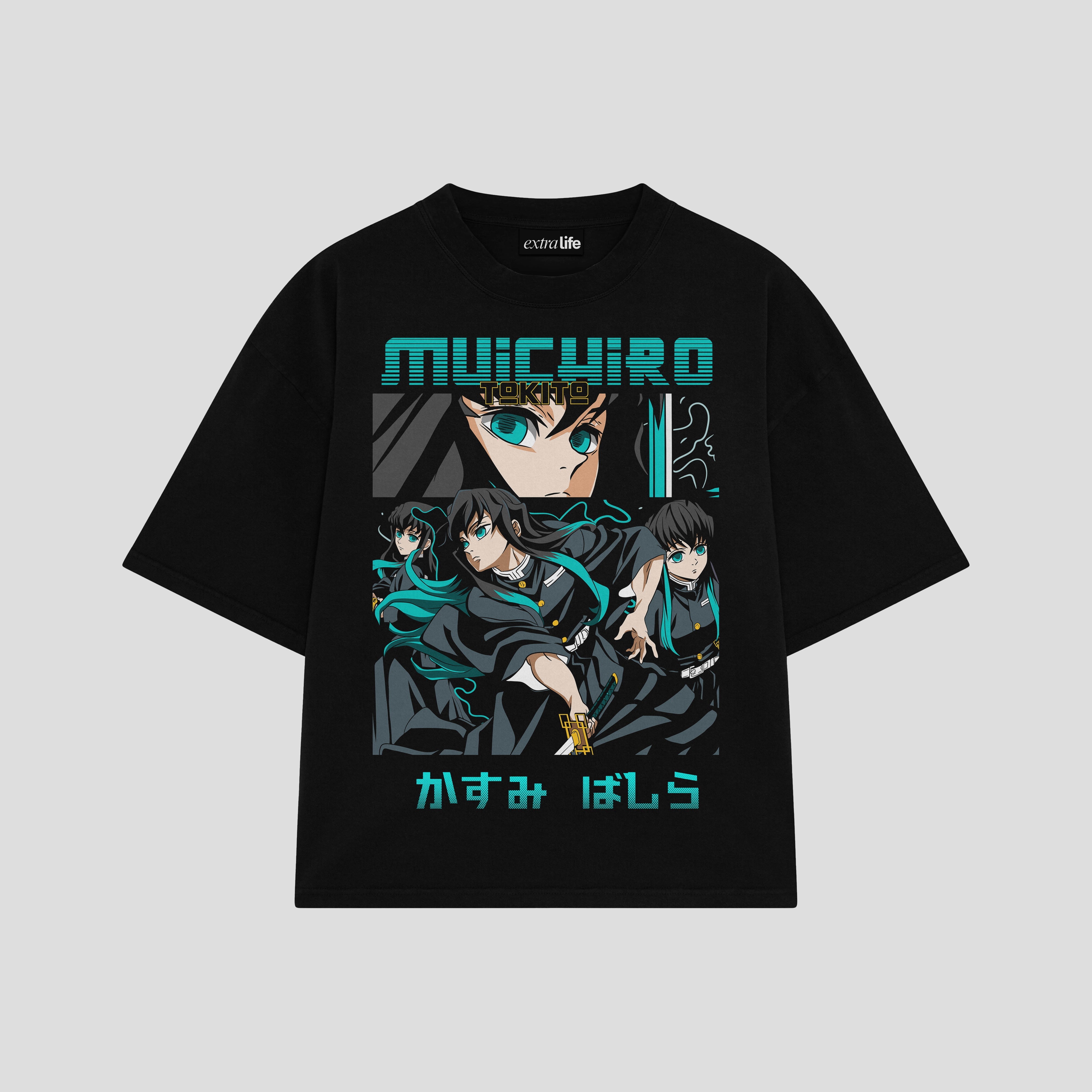 Playera streetwear premium de anime y gaming ExtraLife MX, corte boxy oversized drop shoulder heavyweight en color Deep Black y Off-White, moda urbana mexicana de culto.