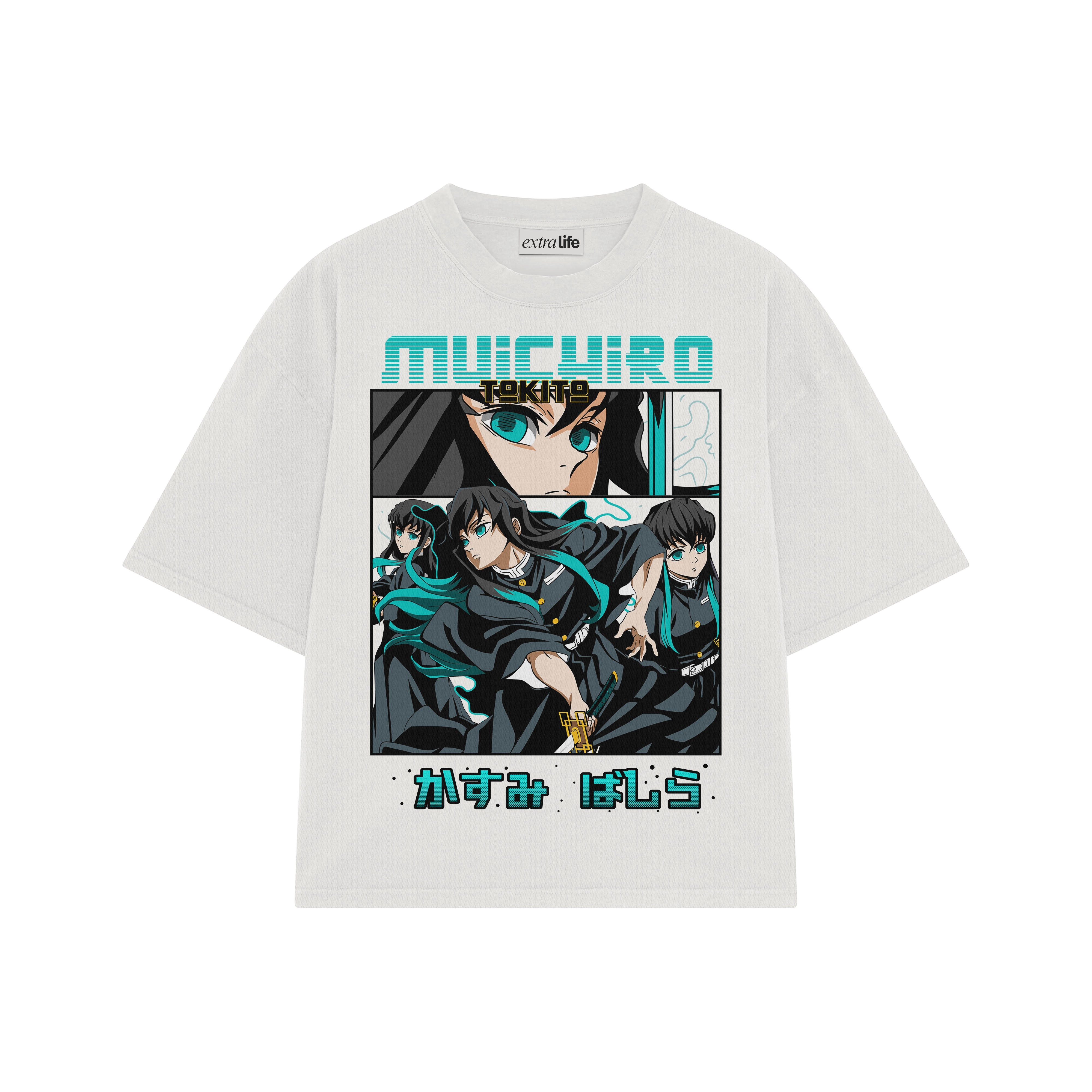 Playera streetwear premium de anime y gaming ExtraLife MX, corte boxy oversized drop shoulder heavyweight en color Deep Black y Off-White, moda urbana mexicana de culto.