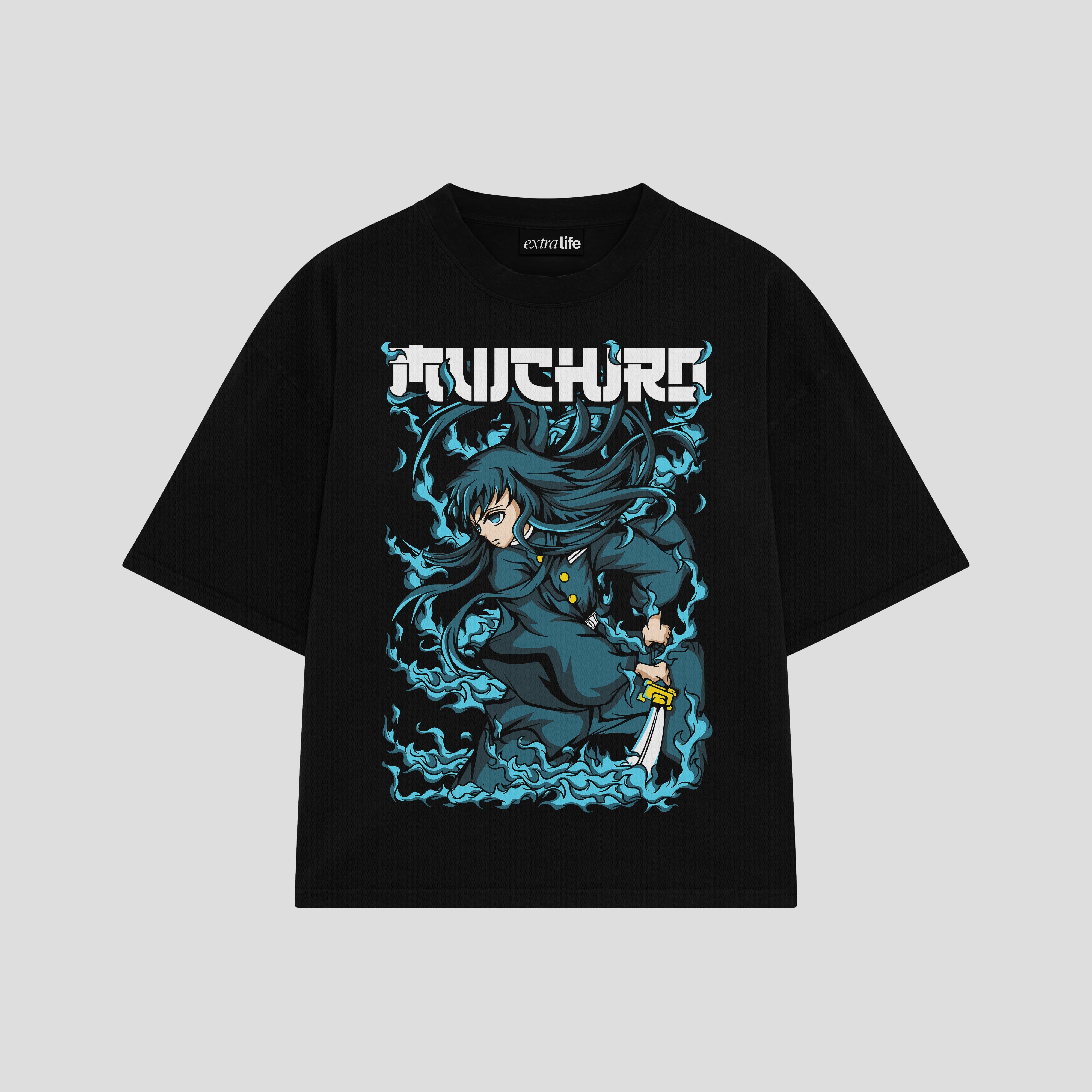 Playera streetwear premium de anime y gaming ExtraLife MX, corte boxy oversized drop shoulder heavyweight en color Deep Black y Off-White, moda urbana mexicana de culto.