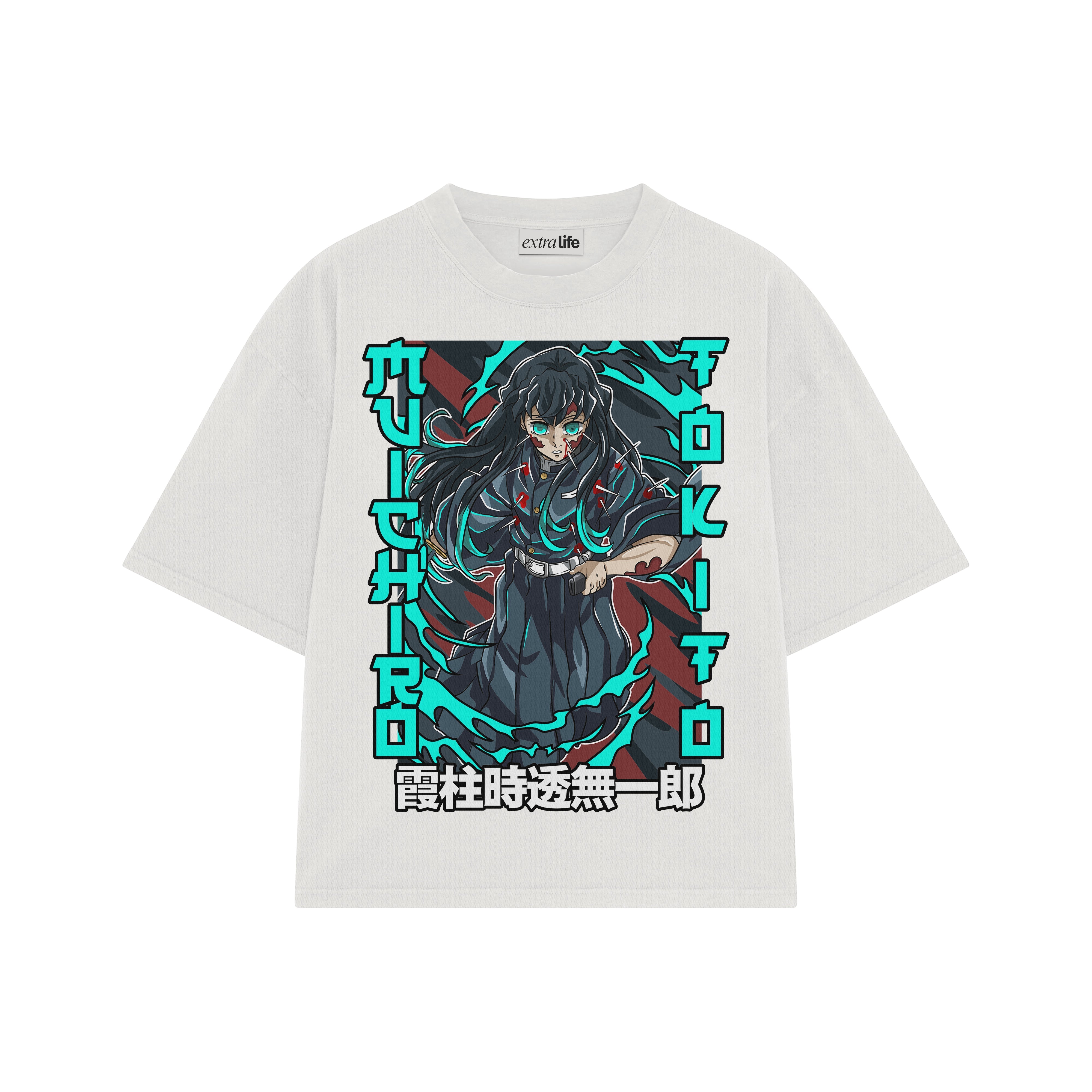 Playera streetwear premium de anime y gaming ExtraLife MX, corte boxy oversized drop shoulder heavyweight en color Deep Black y Off-White, moda urbana mexicana de culto.