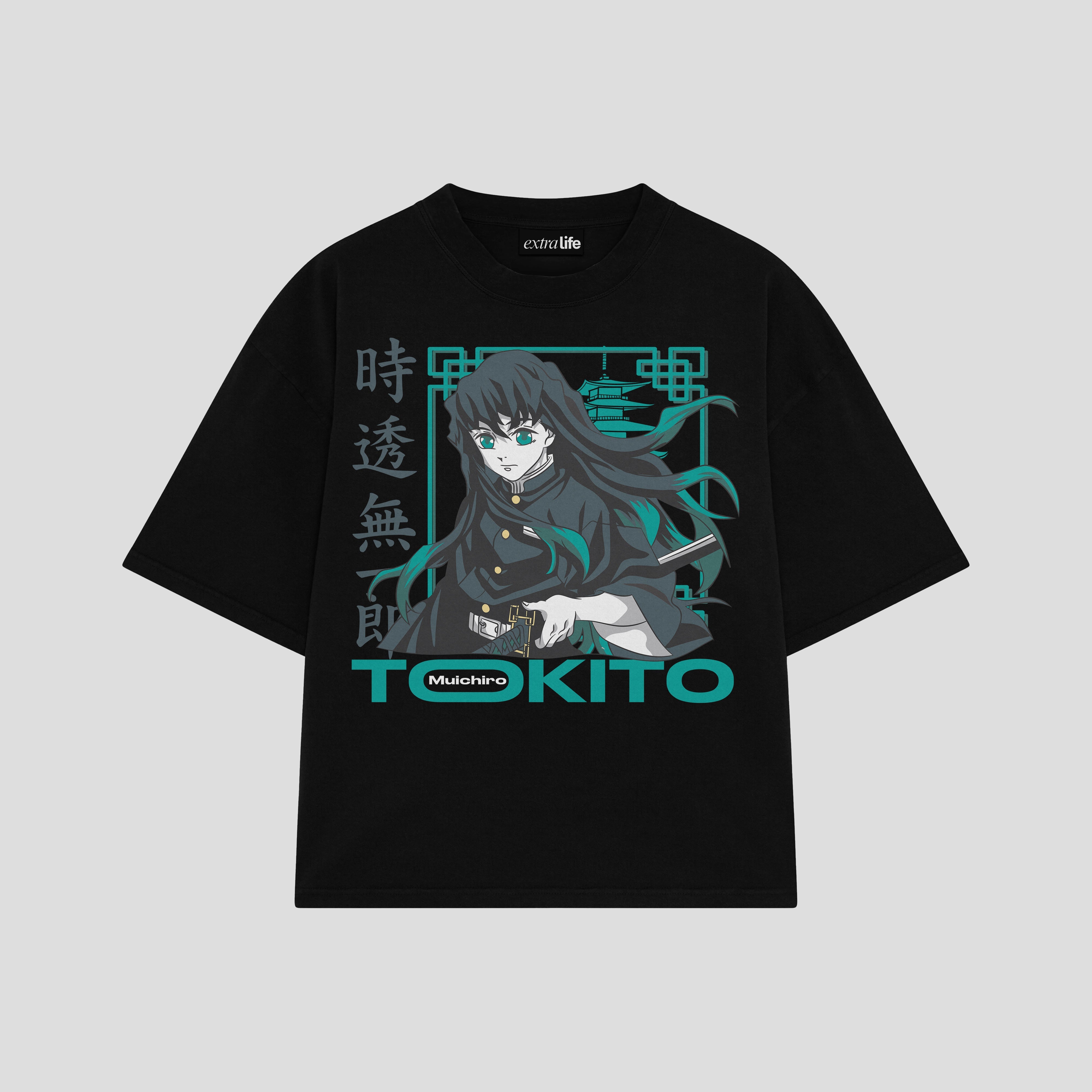 Playera streetwear premium de anime y gaming ExtraLife MX, corte boxy oversized drop shoulder heavyweight en color Deep Black y Off-White, moda urbana mexicana de culto.