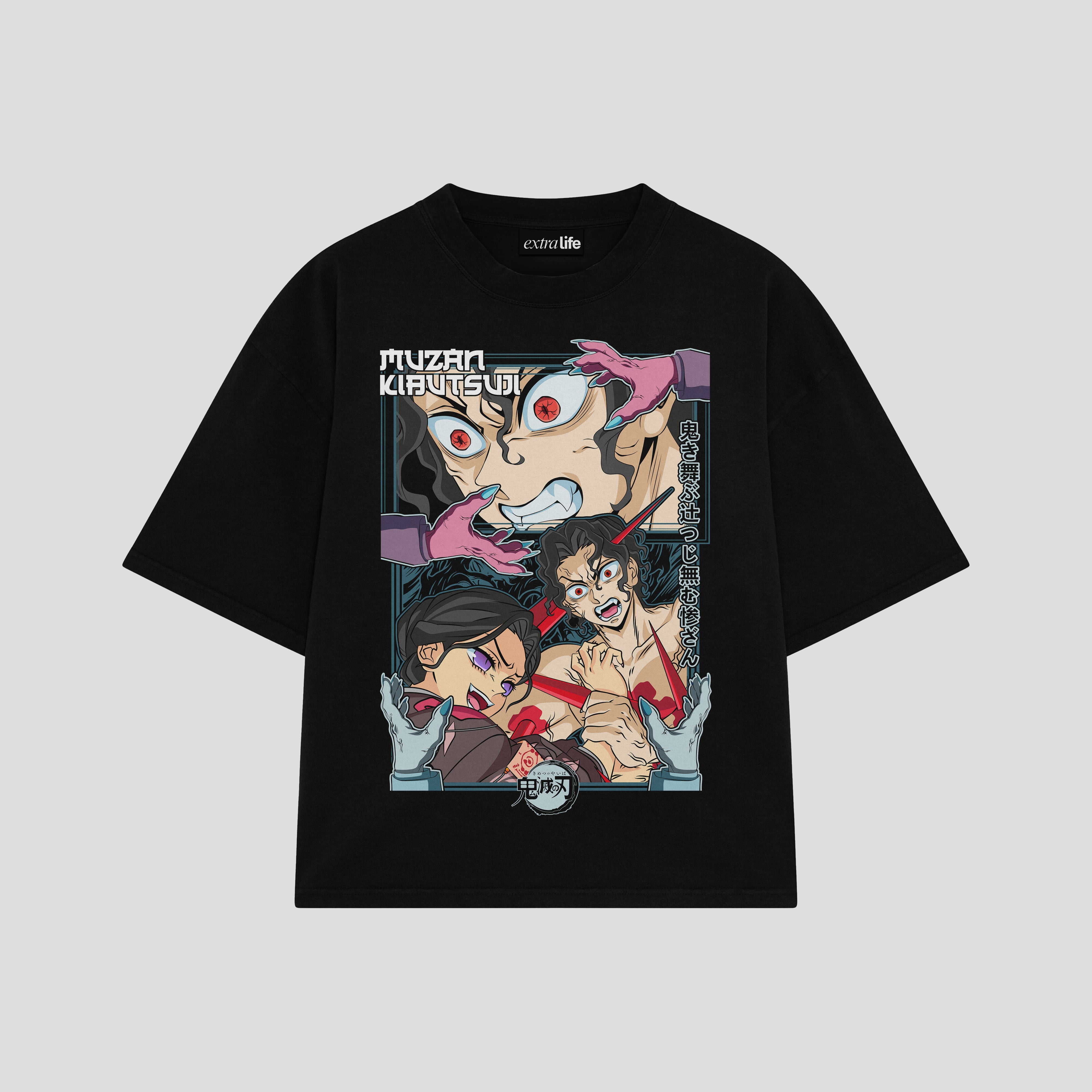 Playera streetwear premium de anime y gaming ExtraLife MX, corte boxy oversized drop shoulder heavyweight en color Deep Black y Off-White, moda urbana mexicana de culto.