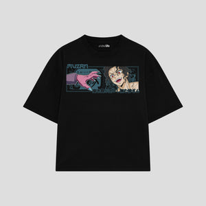 Playera streetwear premium de anime y gaming ExtraLife MX, corte boxy oversized drop shoulder heavyweight en color Deep Black y Off-White, moda urbana mexicana de culto.