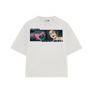 Playera streetwear premium de anime y gaming ExtraLife MX, corte boxy oversized drop shoulder heavyweight en color Deep Black y Off-White, moda urbana mexicana de culto.
