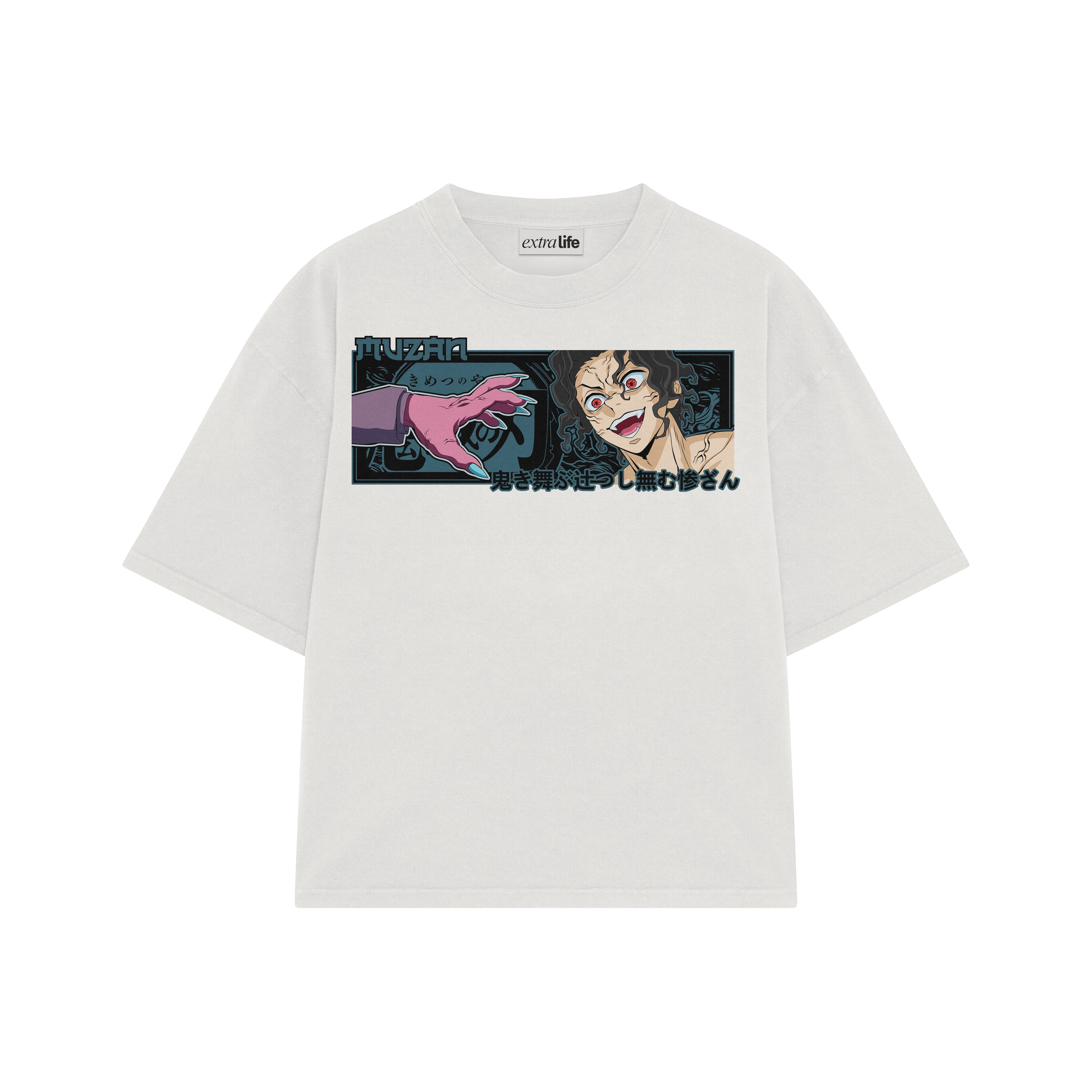 Playera streetwear premium de anime y gaming ExtraLife MX, corte boxy oversized drop shoulder heavyweight en color Deep Black y Off-White, moda urbana mexicana de culto.