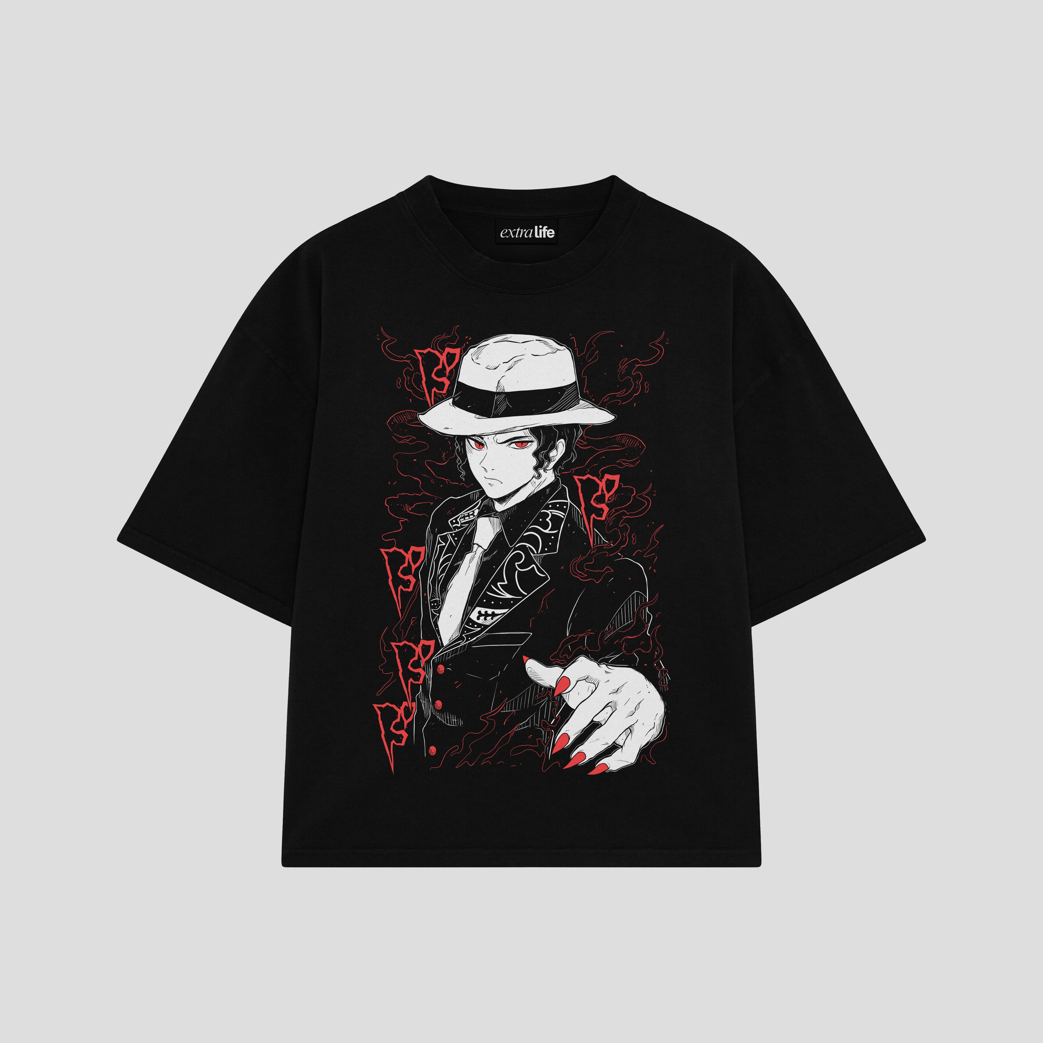 Playera streetwear premium de anime y gaming ExtraLife MX, corte boxy oversized drop shoulder heavyweight en color Deep Black y Off-White, moda urbana mexicana de culto.