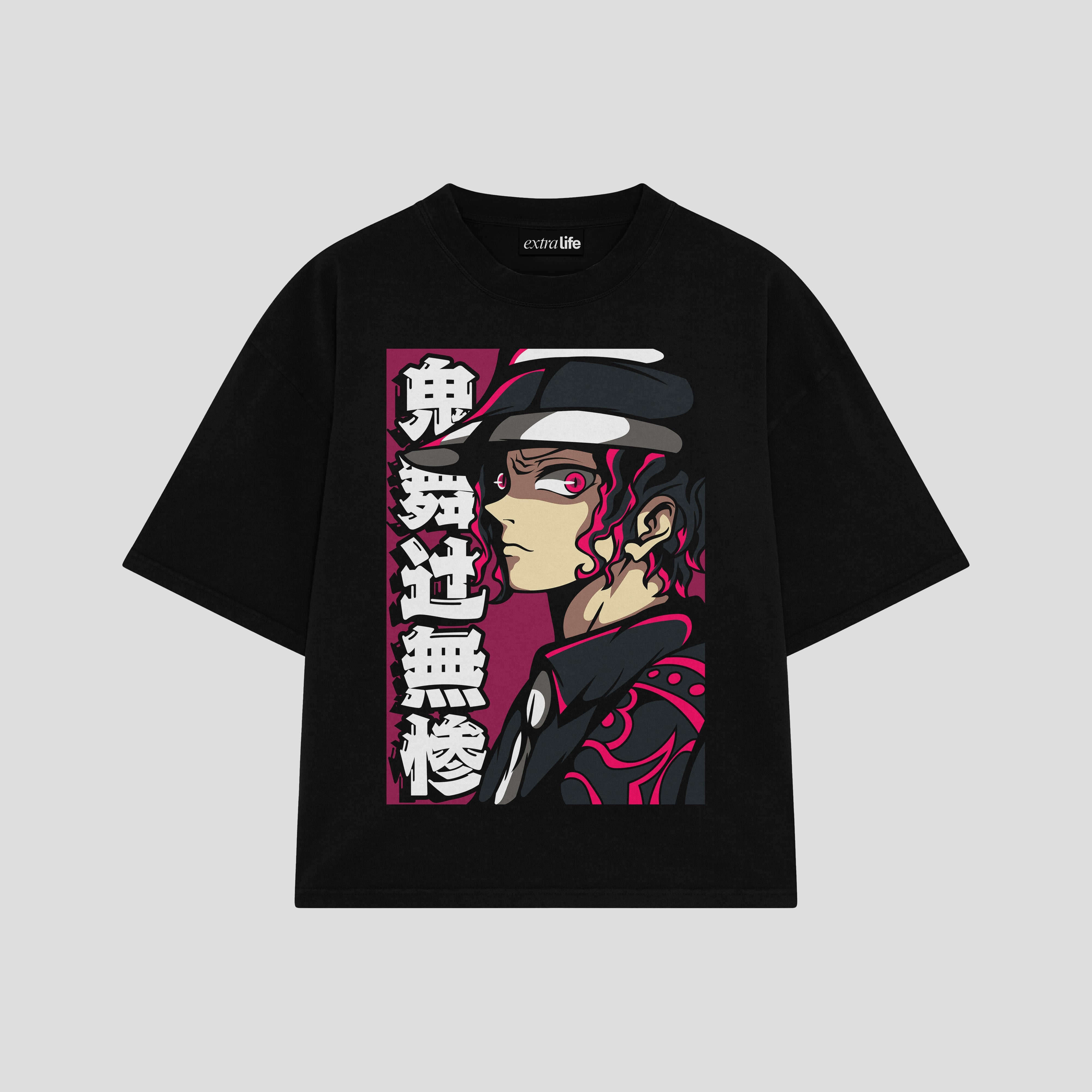 Playera streetwear premium de anime y gaming ExtraLife MX, corte boxy oversized drop shoulder heavyweight en color Deep Black y Off-White, moda urbana mexicana de culto.