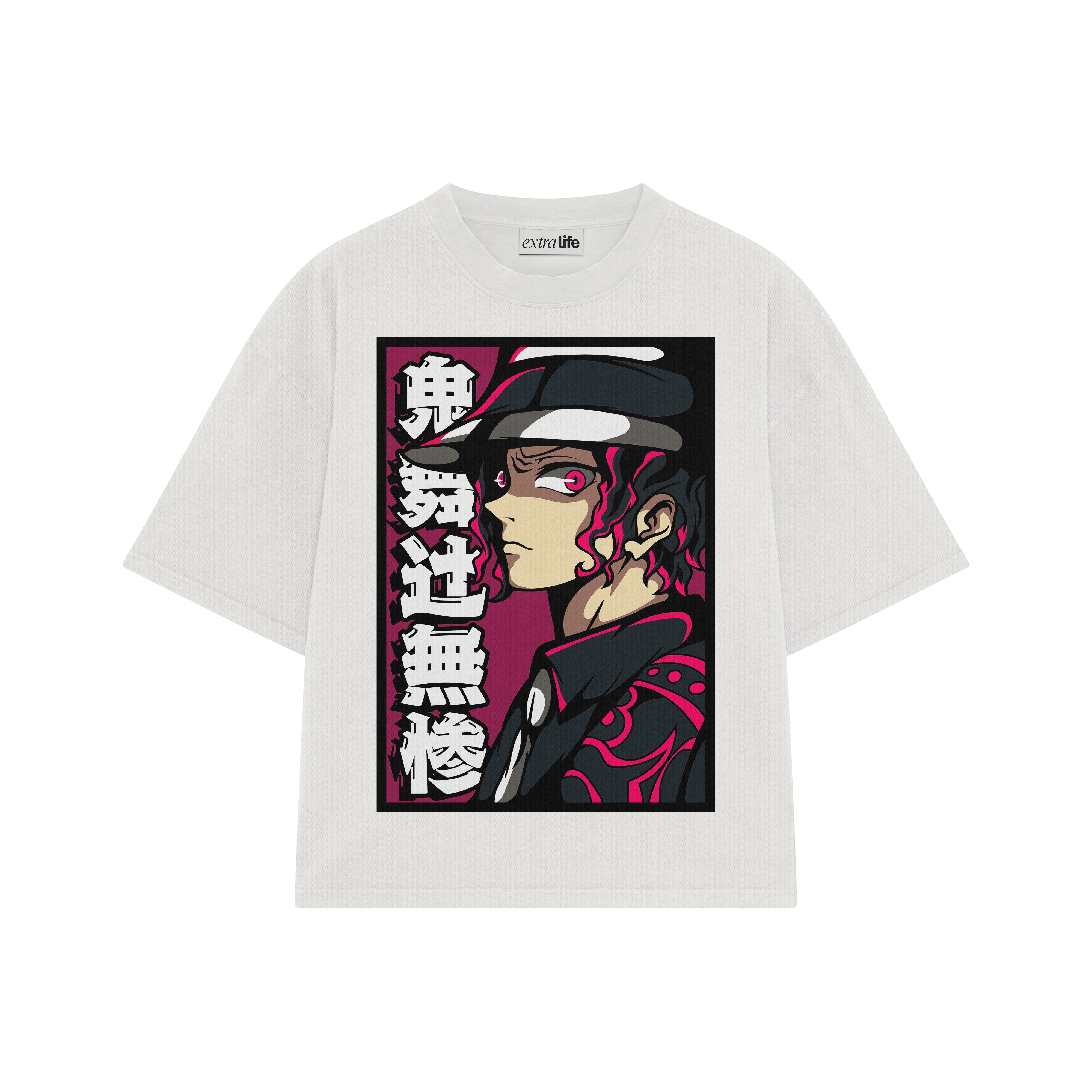 Playera streetwear premium de anime y gaming ExtraLife MX, corte boxy oversized drop shoulder heavyweight en color Deep Black y Off-White, moda urbana mexicana de culto.