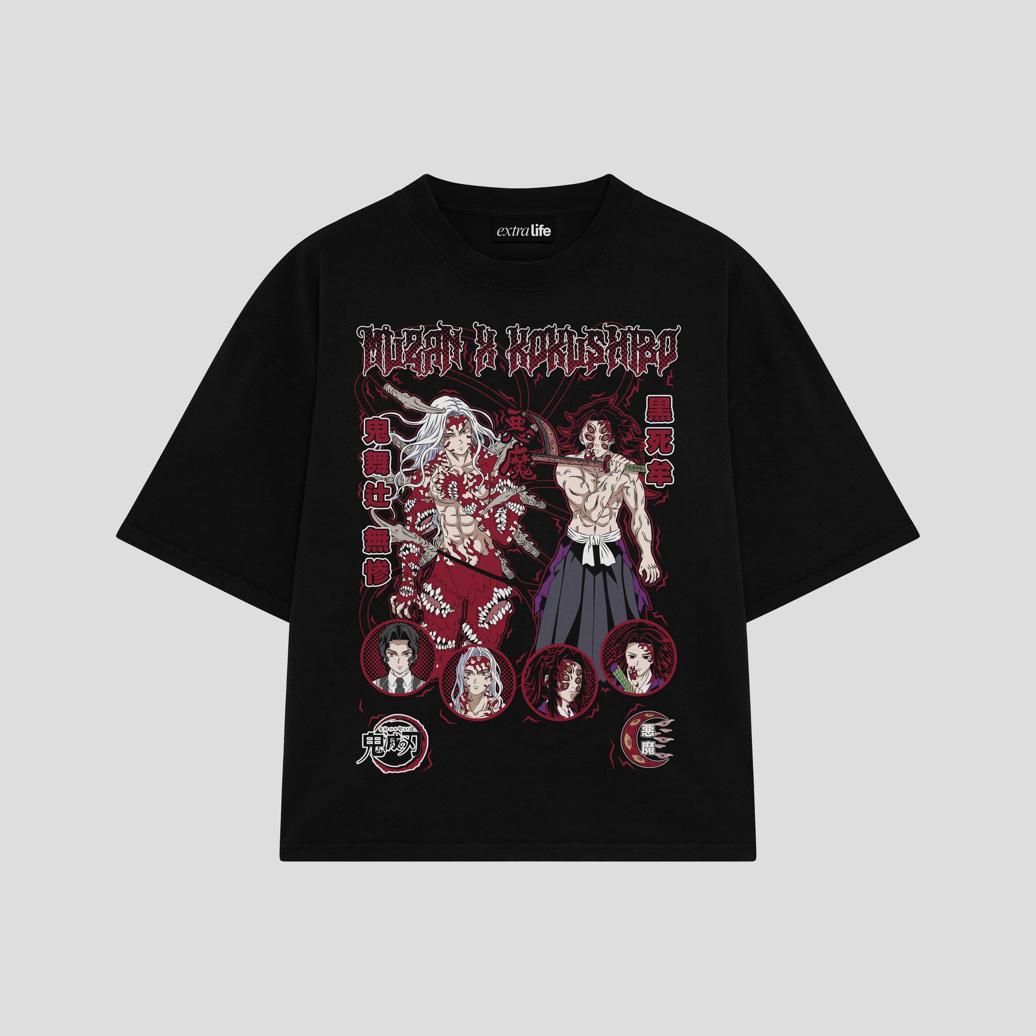 Playera streetwear premium de anime y gaming ExtraLife MX, corte boxy oversized drop shoulder heavyweight en color Deep Black y Off-White, moda urbana mexicana de culto.
