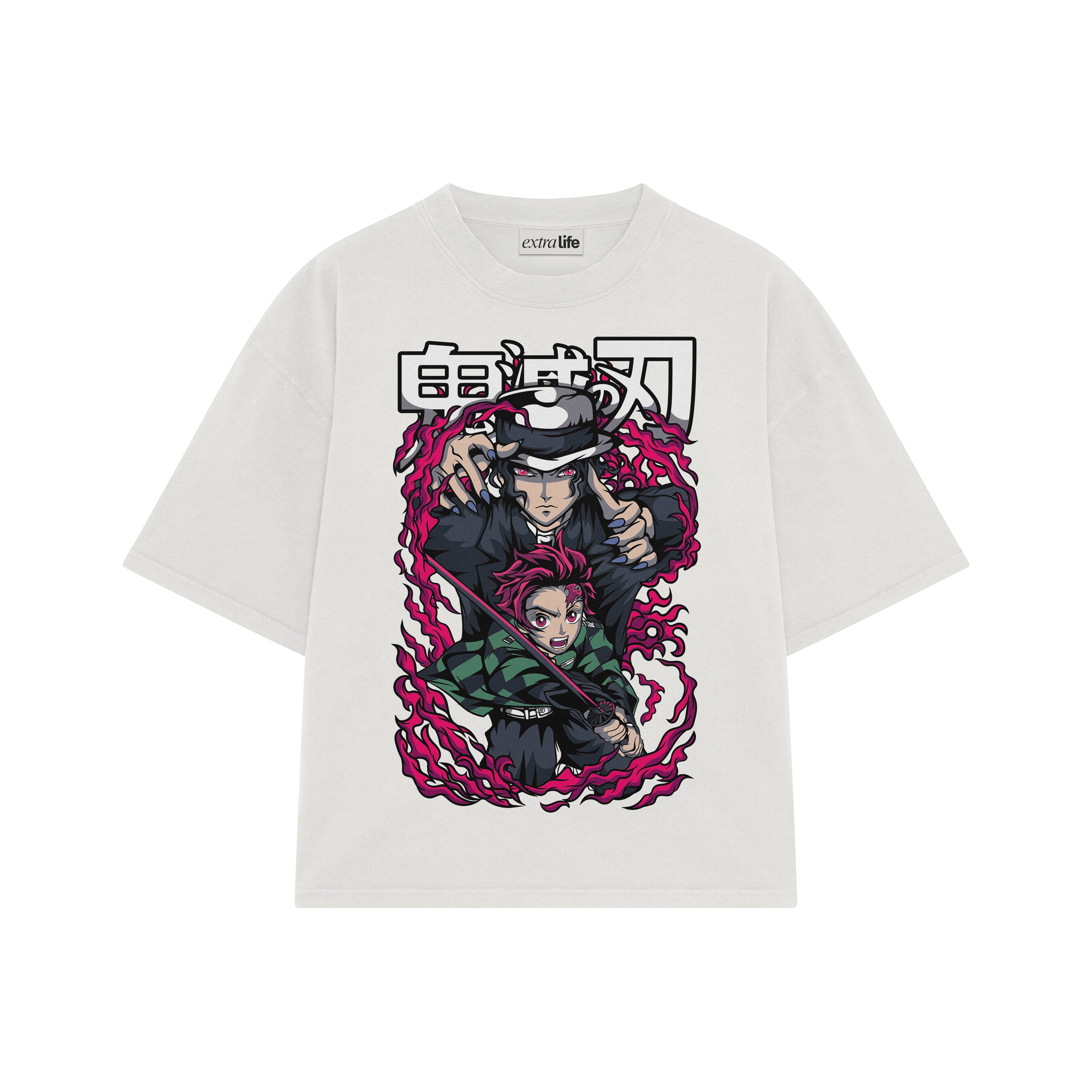 Playera streetwear premium de anime y gaming ExtraLife MX, corte boxy oversized drop shoulder heavyweight en color Deep Black y Off-White, moda urbana mexicana de culto.