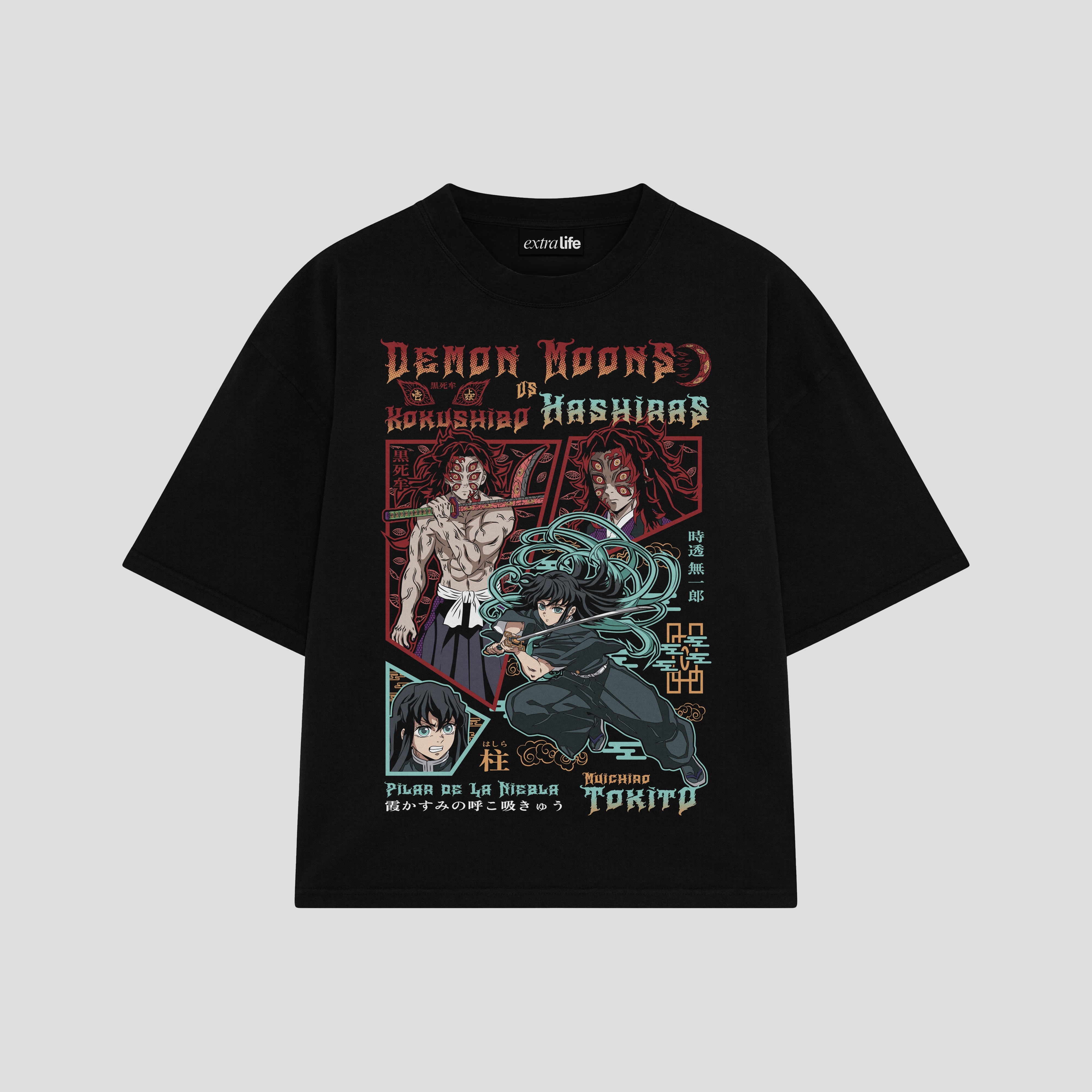 Playera streetwear premium de anime y gaming ExtraLife MX, corte boxy oversized drop shoulder heavyweight en color Deep Black y Off-White, moda urbana mexicana de culto.