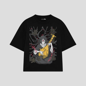 Playera streetwear premium de anime y gaming ExtraLife MX, corte boxy oversized drop shoulder heavyweight en color Deep Black y Off-White, moda urbana mexicana de culto.