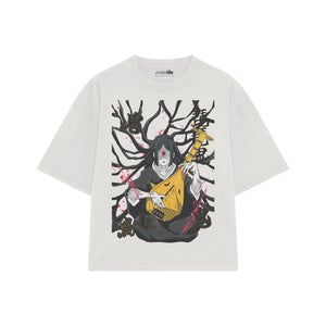 Playera streetwear premium de anime y gaming ExtraLife MX, corte boxy oversized drop shoulder heavyweight en color Deep Black y Off-White, moda urbana mexicana de culto.