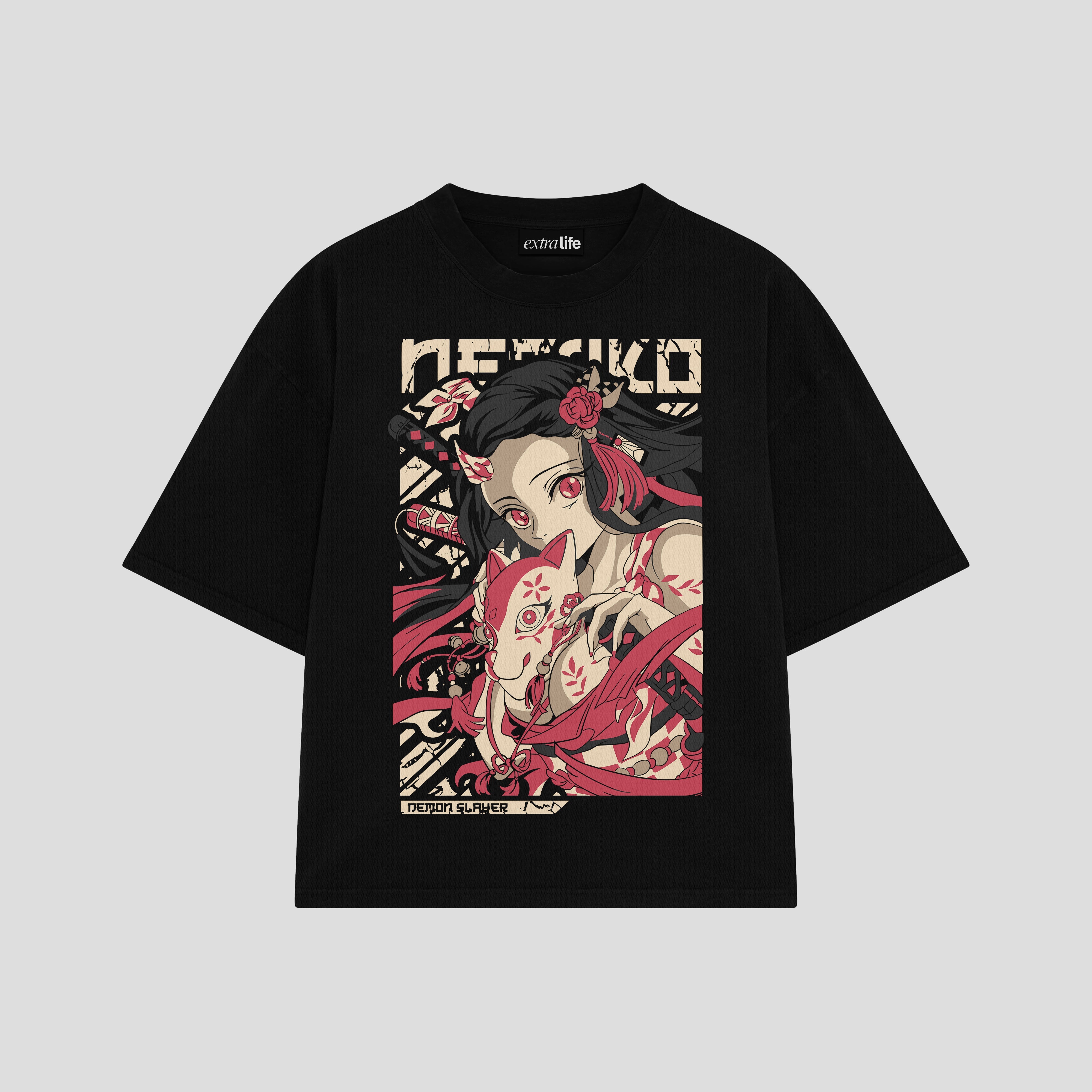 Playera streetwear premium de anime y gaming ExtraLife MX, corte boxy oversized drop shoulder heavyweight en color Deep Black y Off-White, moda urbana mexicana de culto.