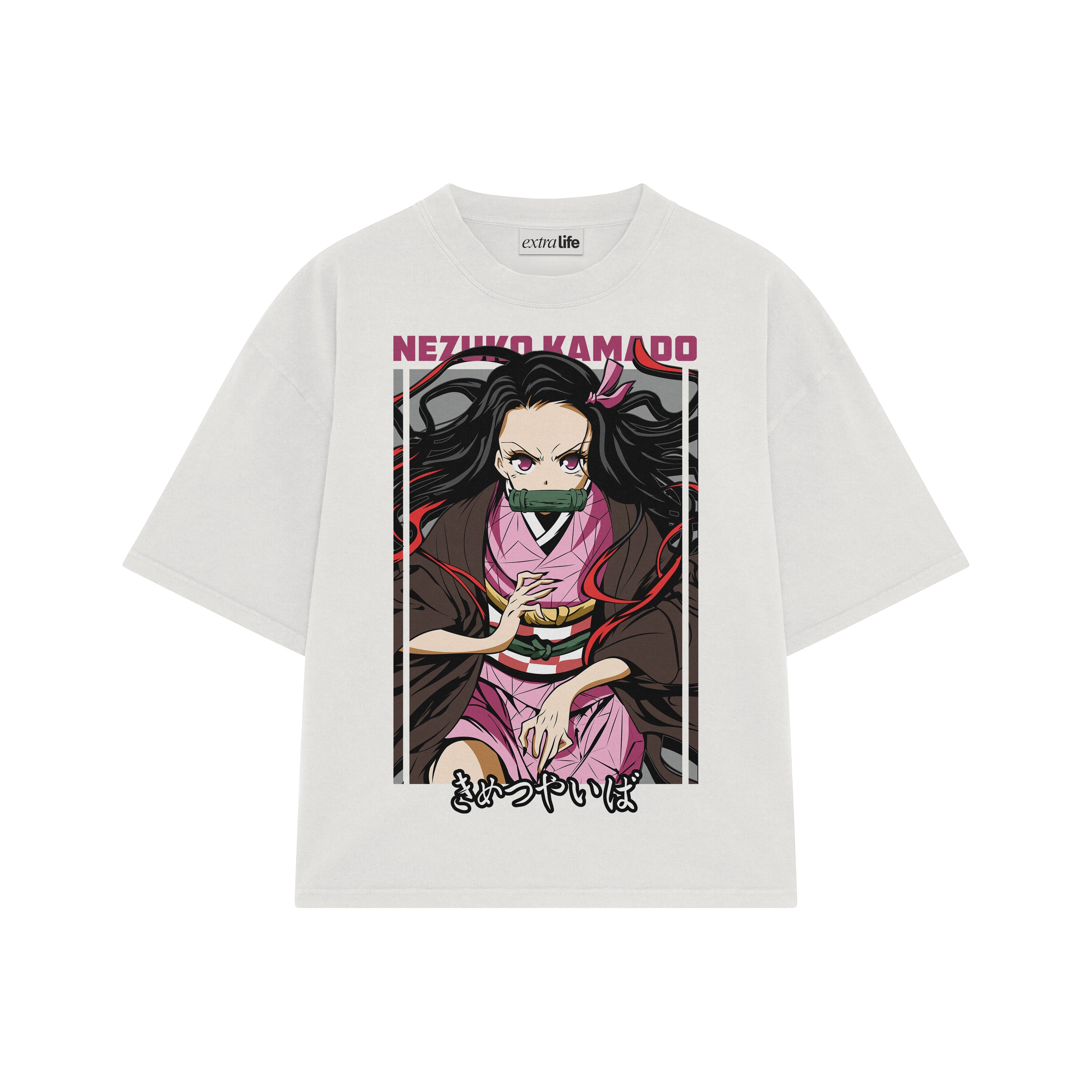 Playera streetwear premium de anime y gaming ExtraLife MX, corte boxy oversized drop shoulder heavyweight en color Deep Black y Off-White, moda urbana mexicana de culto.