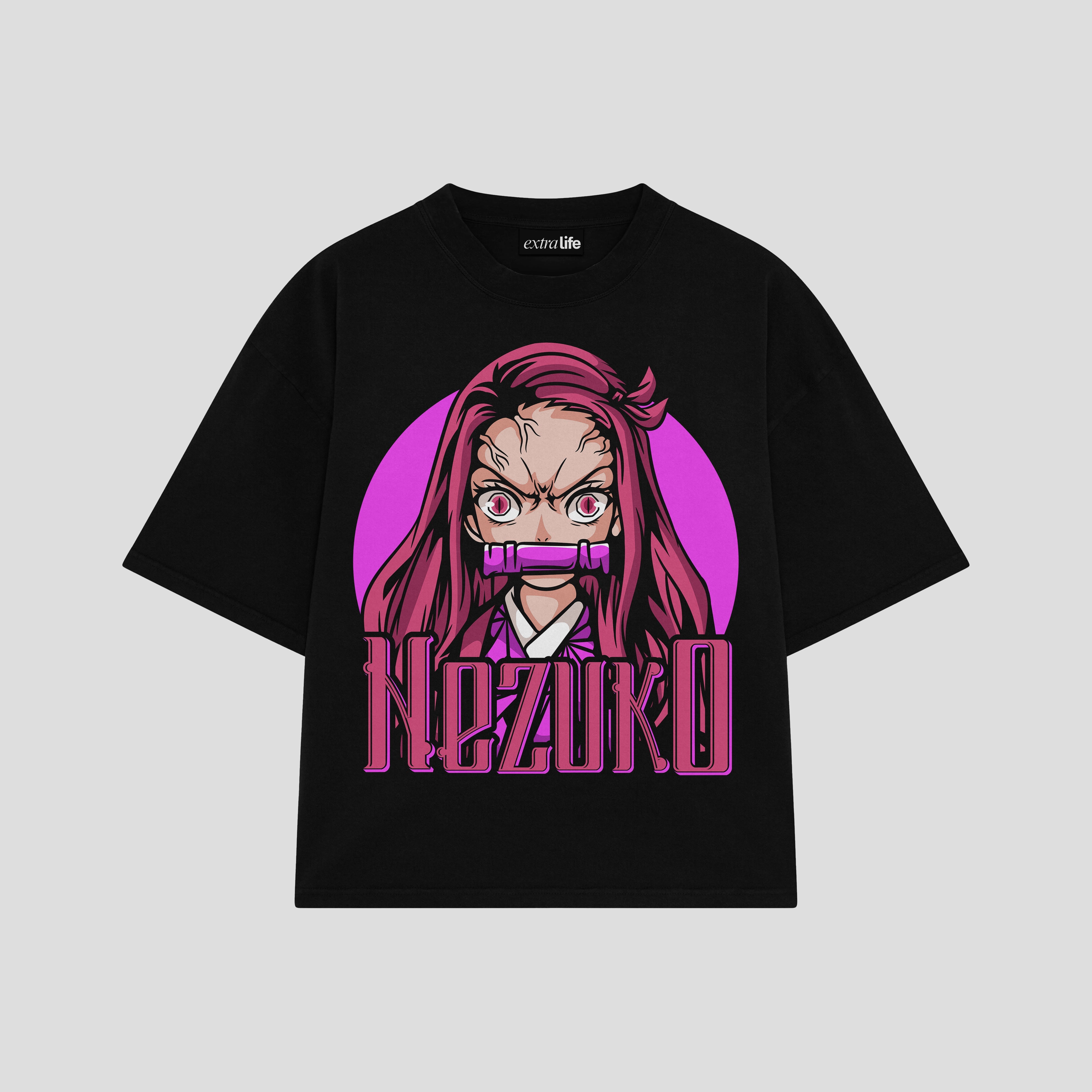 Playera streetwear premium de anime y gaming ExtraLife MX, corte boxy oversized drop shoulder heavyweight en color Deep Black y Off-White, moda urbana mexicana de culto.