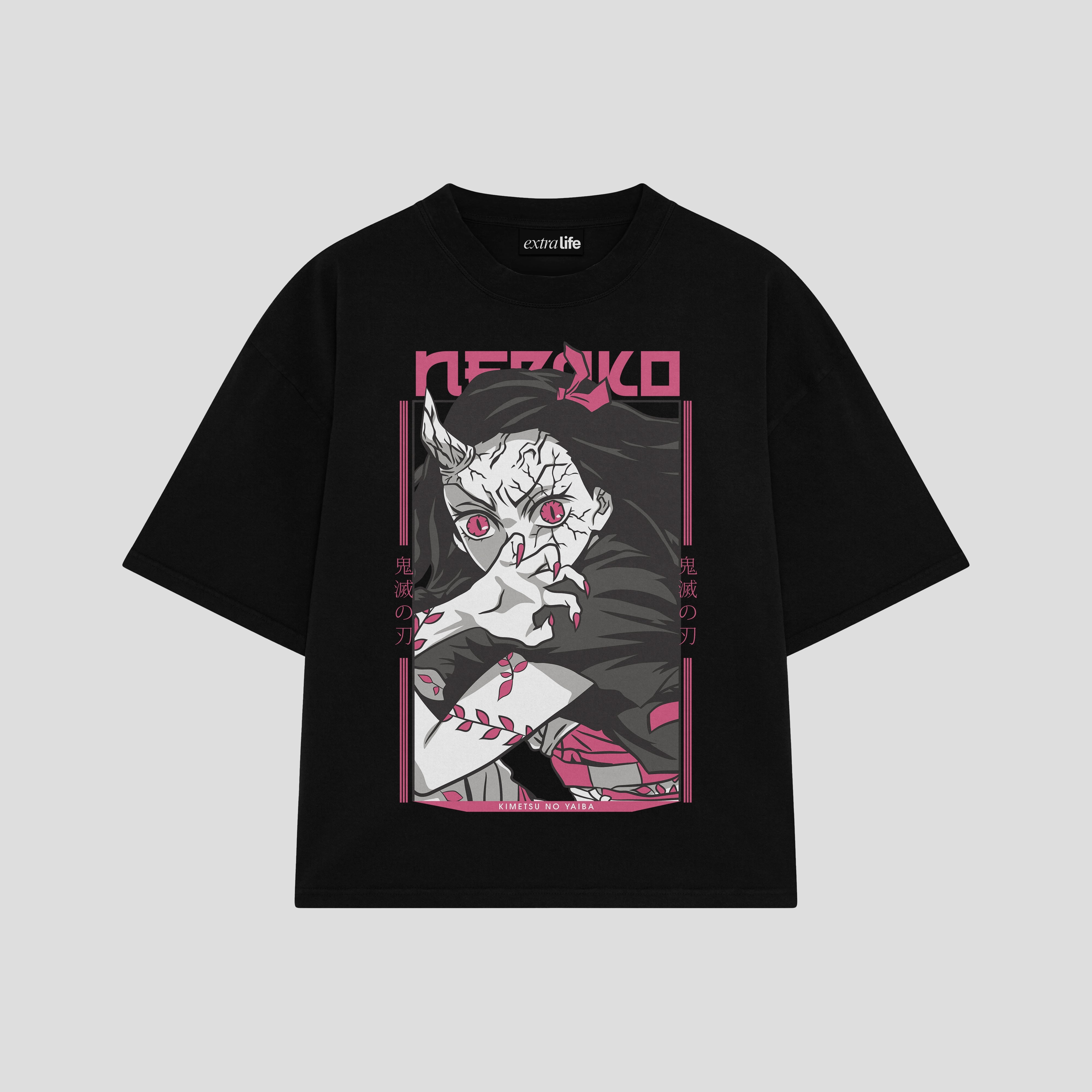 Playera streetwear premium de anime y gaming ExtraLife MX, corte boxy oversized drop shoulder heavyweight en color Deep Black y Off-White, moda urbana mexicana de culto.